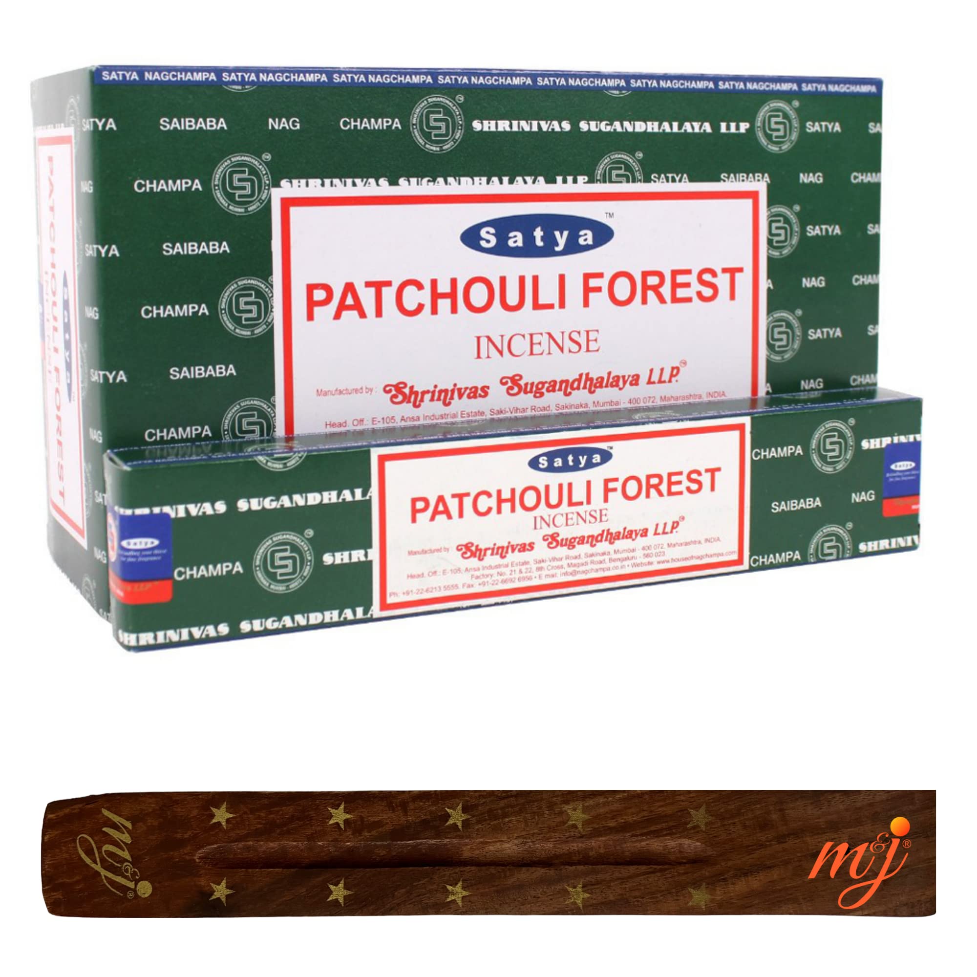 Original Satya Nag Champa Patchouli Forest Sticks | with M&J incense sticks holder | Full Box | for Aromatherapy, Spa, Yoga, Weddings, Meditation, Healing, Positivity and Relaxation