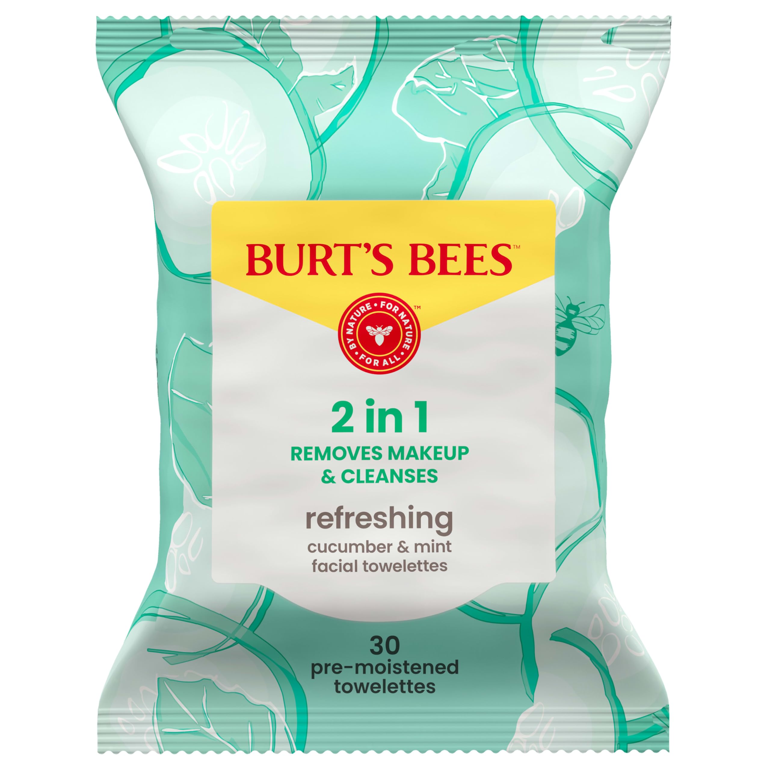 Burt’s Bees Refreshing Cucumber & Mint Facial Towelettes, 100% Plant Based Cloths; 99% Natural Origin; Removes Makeup and Cleanses; No Need to Rinse (Package May Vary)