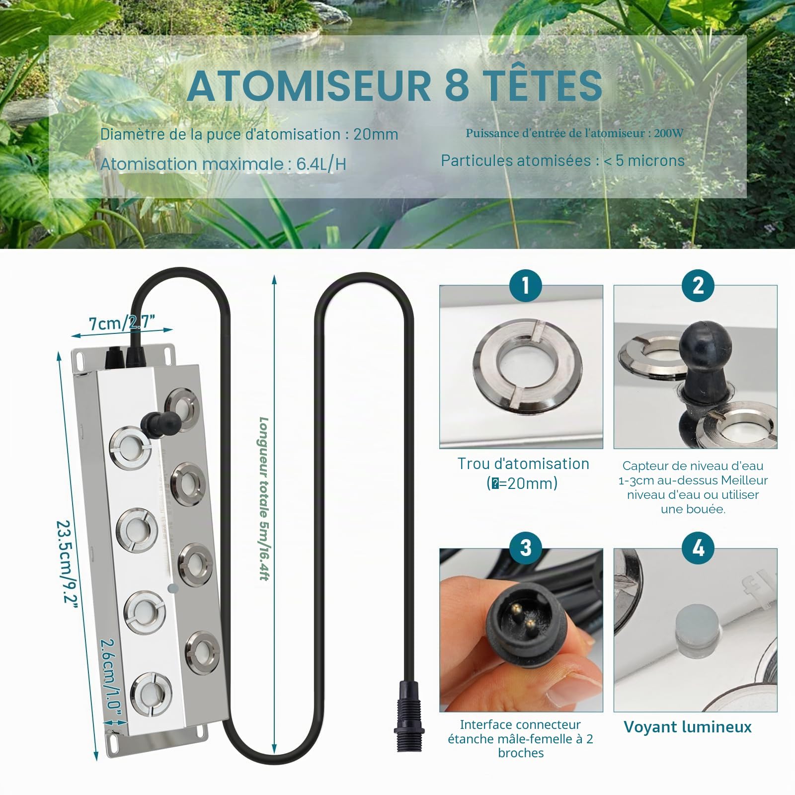Kit Brumisateur Ultrason pour Fontaine, 6400ml/H, 8 Têtes, Acier Inoxydable