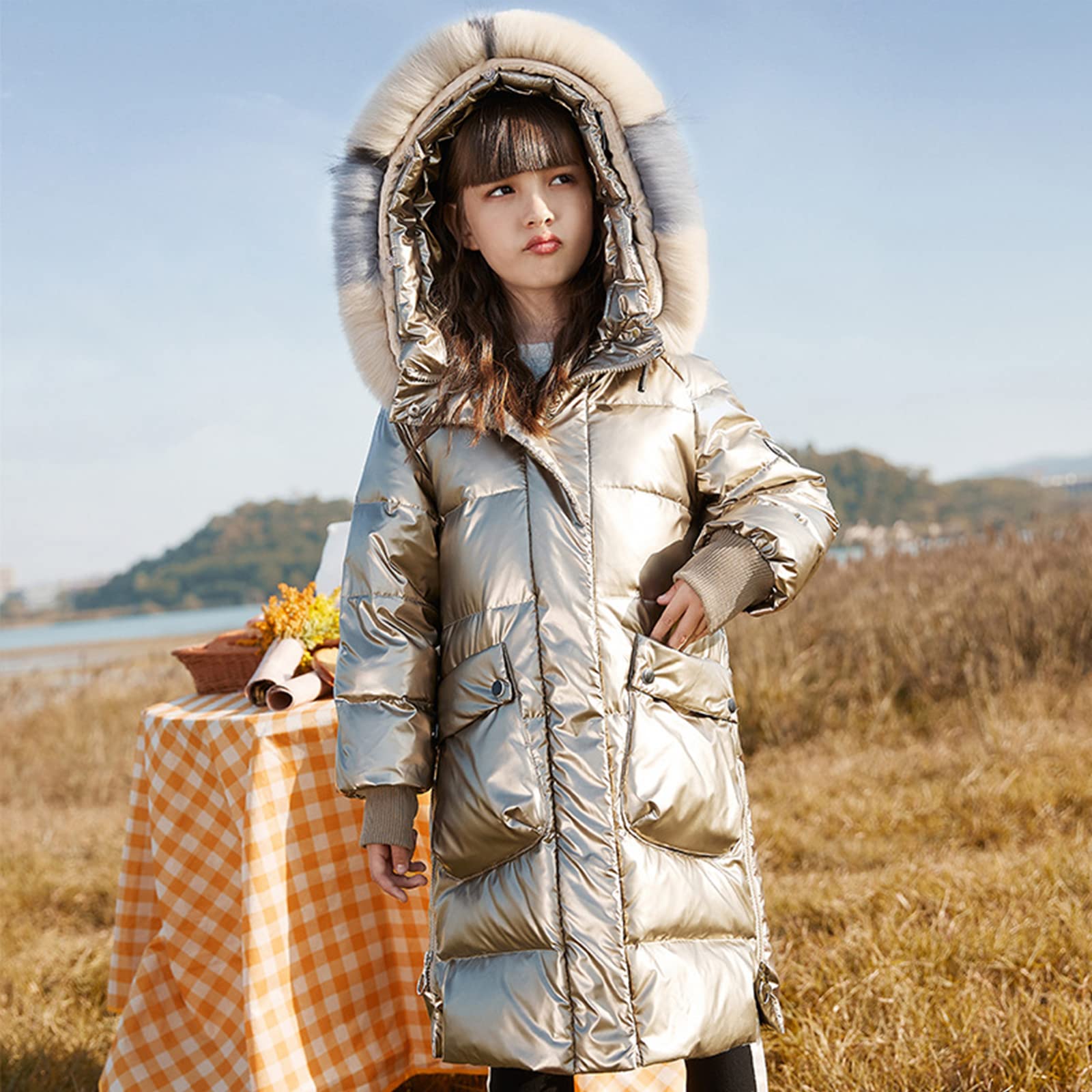 Piumino da Ragazza di Media Lunghezza Piumino Ispessito e Caldo per Bambini 90 Piumino D'Anatra Bianco Colorato Abbigliamento Invernale Luminoso Carino e Dolce,Silver,7T(130CM)