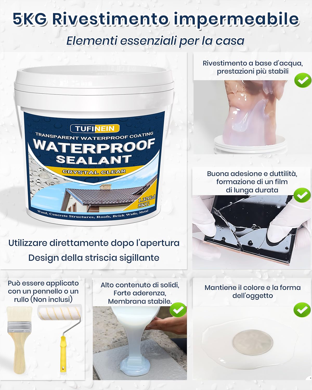 Sigillante Impermeabile Liquido 5KG, TUFINEIN Rivestimento Impermeabile Trasparente Impermeabilizzante Trasparente Guarnizione di Perdite, Interno ed Esterno Colla Impermeabile