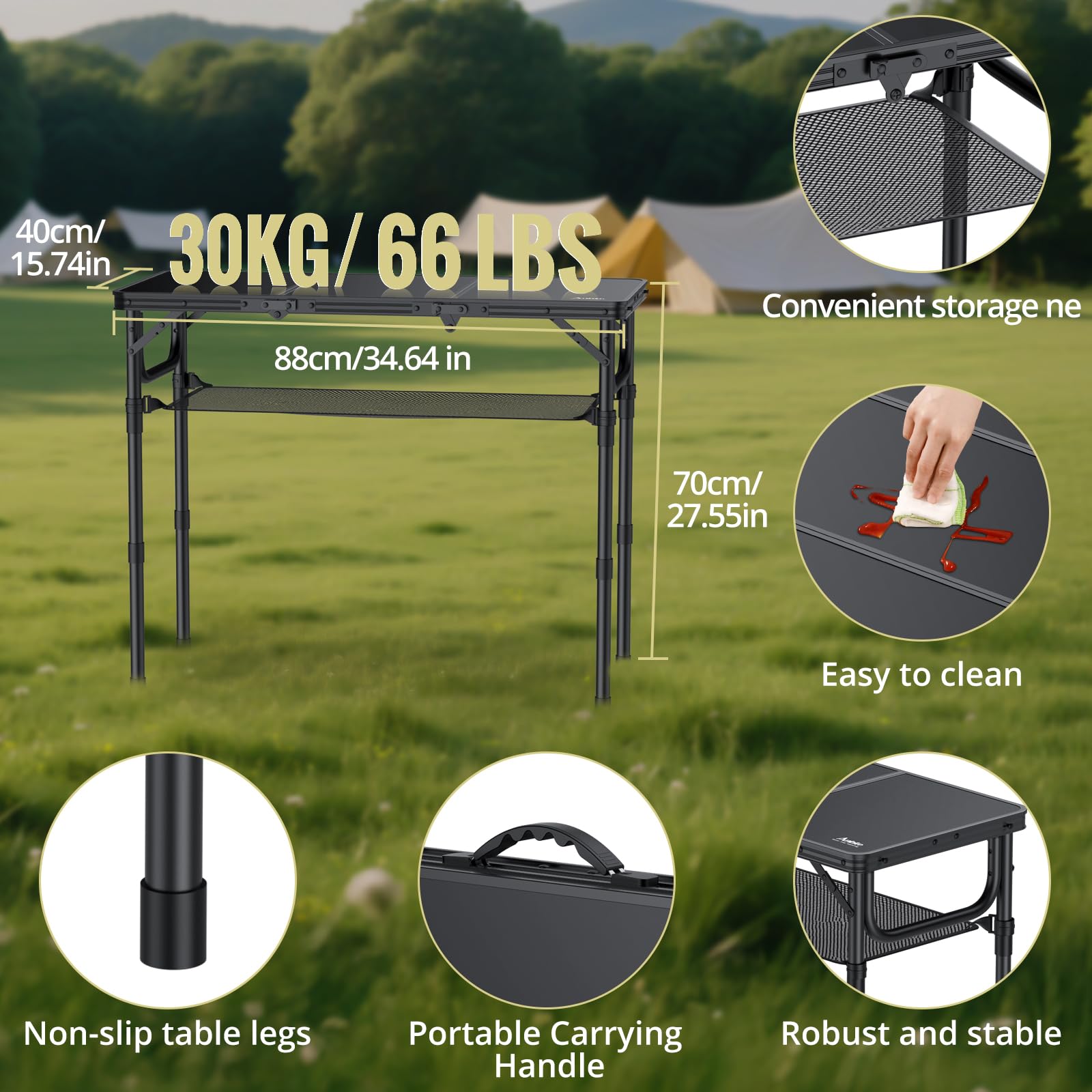Anbte Tavolo Pieghevole da Campeggio,88 * 40 * 69 Portatile Caffè Tavoli in Alluminio per Giardino,3 Regolabile In Altezza per Picnic/Barbecue/Spiaggia/Cucina/Balcone-Nero