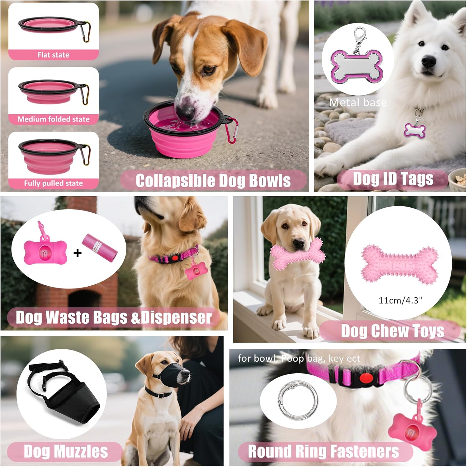 No Pull Dog Harness Adjustable Collar & Leash Set - Dog Halter Harnesses Collapsible Bowls & Poop Bag Dispenser Muzzle ID Tags Toys Fits Small Medium Large Dogs (Pink-L) - Image 7