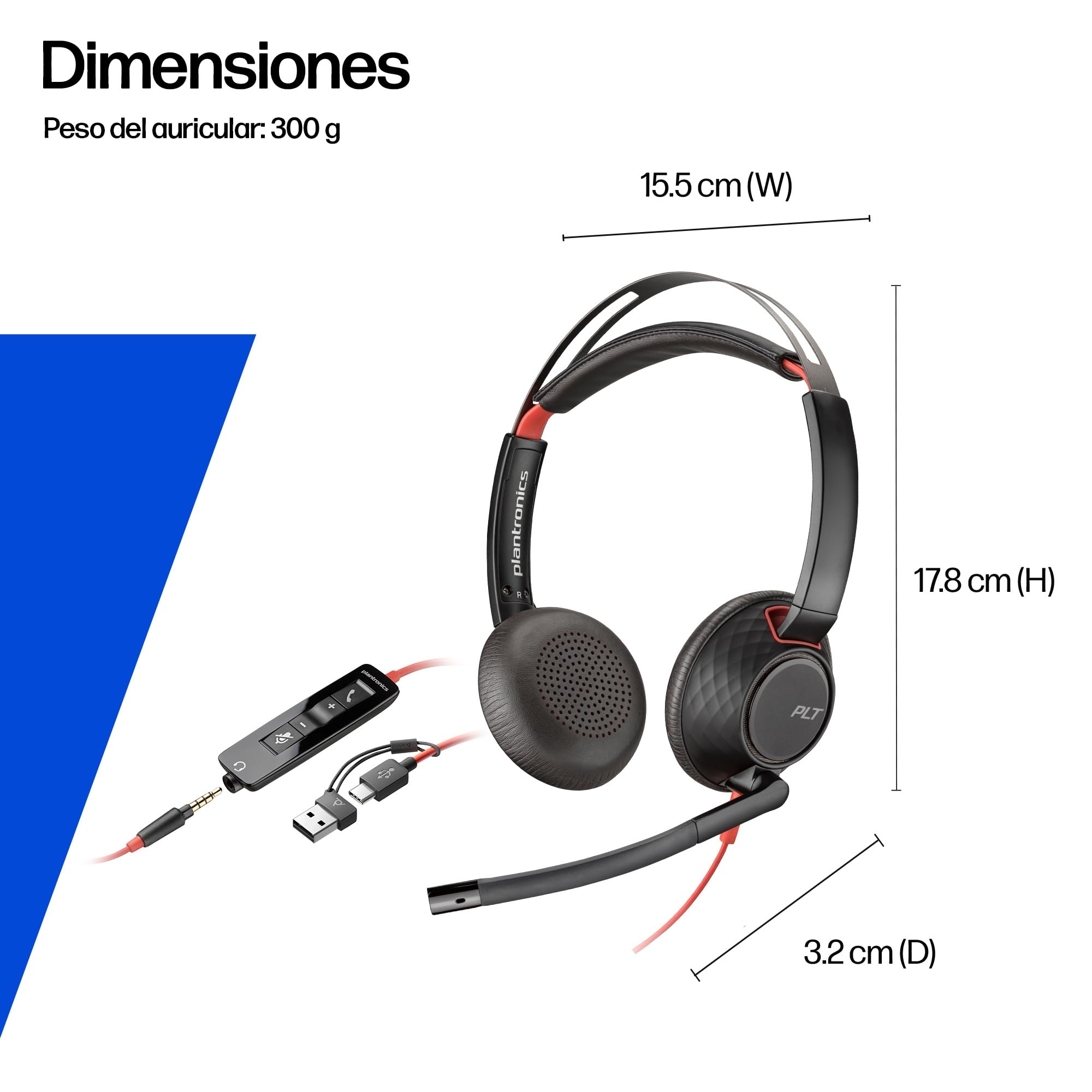 Auricular Poly Blackwire 5220 con cable - Micrófono de brazo flexible con cancelación de ruido - Diseño ergonómico - Conexión a PC/Mac o teléfono móvil mediante USB-C, USB-A o conector de 3,5 mm