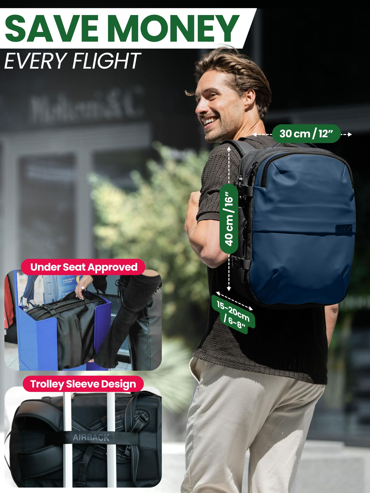 Airback Torba kabinowa, wraz z kosmetyczką i pompką do systemu próżniowego, bagaż pod siedzeniem, na weekendowe podróże, pasuje do Easy Jet, niebieski morski, Underseat Bundle