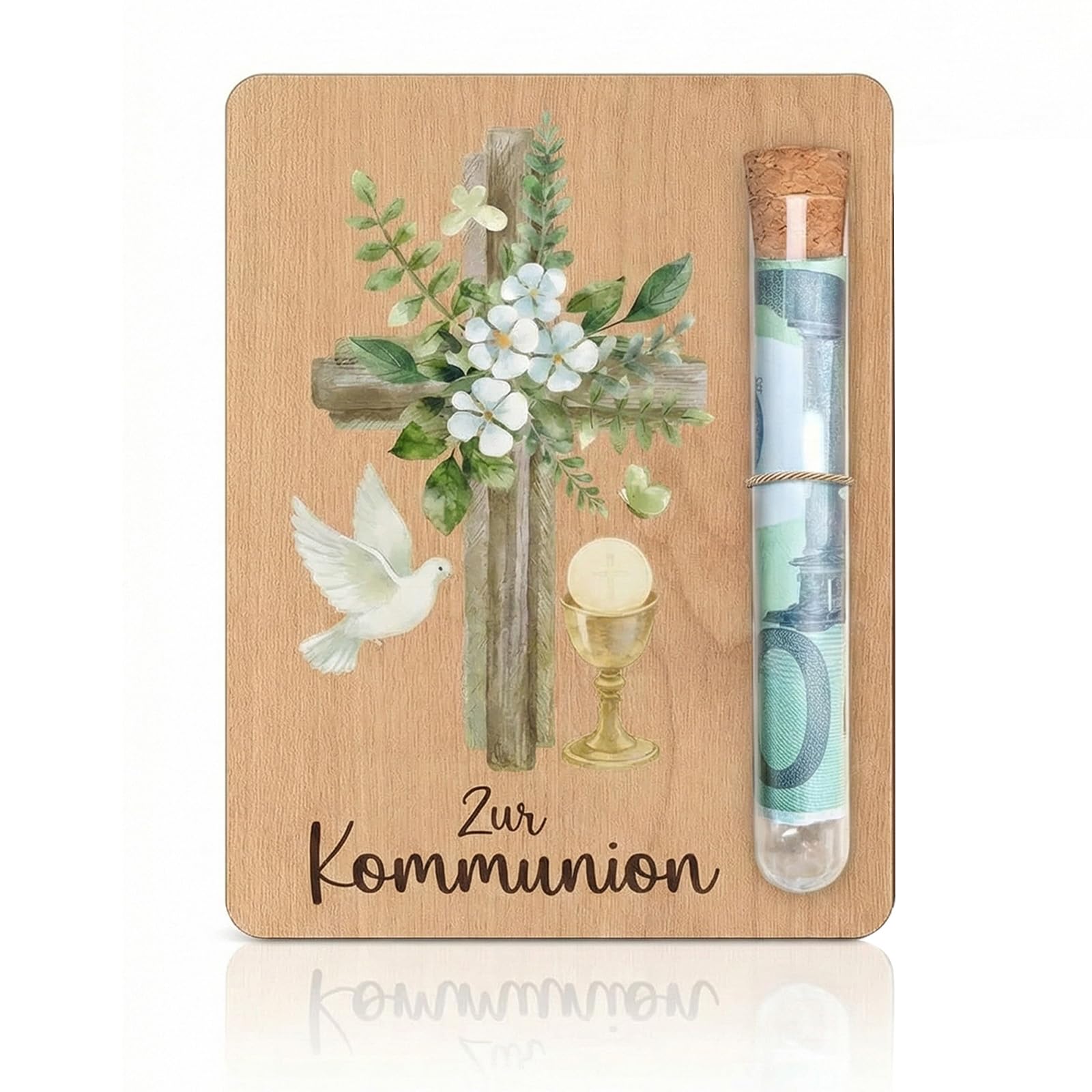 ZMaglorian Geldgeschenk Kommunion Holzkarte Mit Kreuz Taube Motiv, Inkl. Glasröhrchen & Geschenkbox, Für Mädchen Junge Konfirmation, Als Deko & Geschenk Für Paten Verwandte