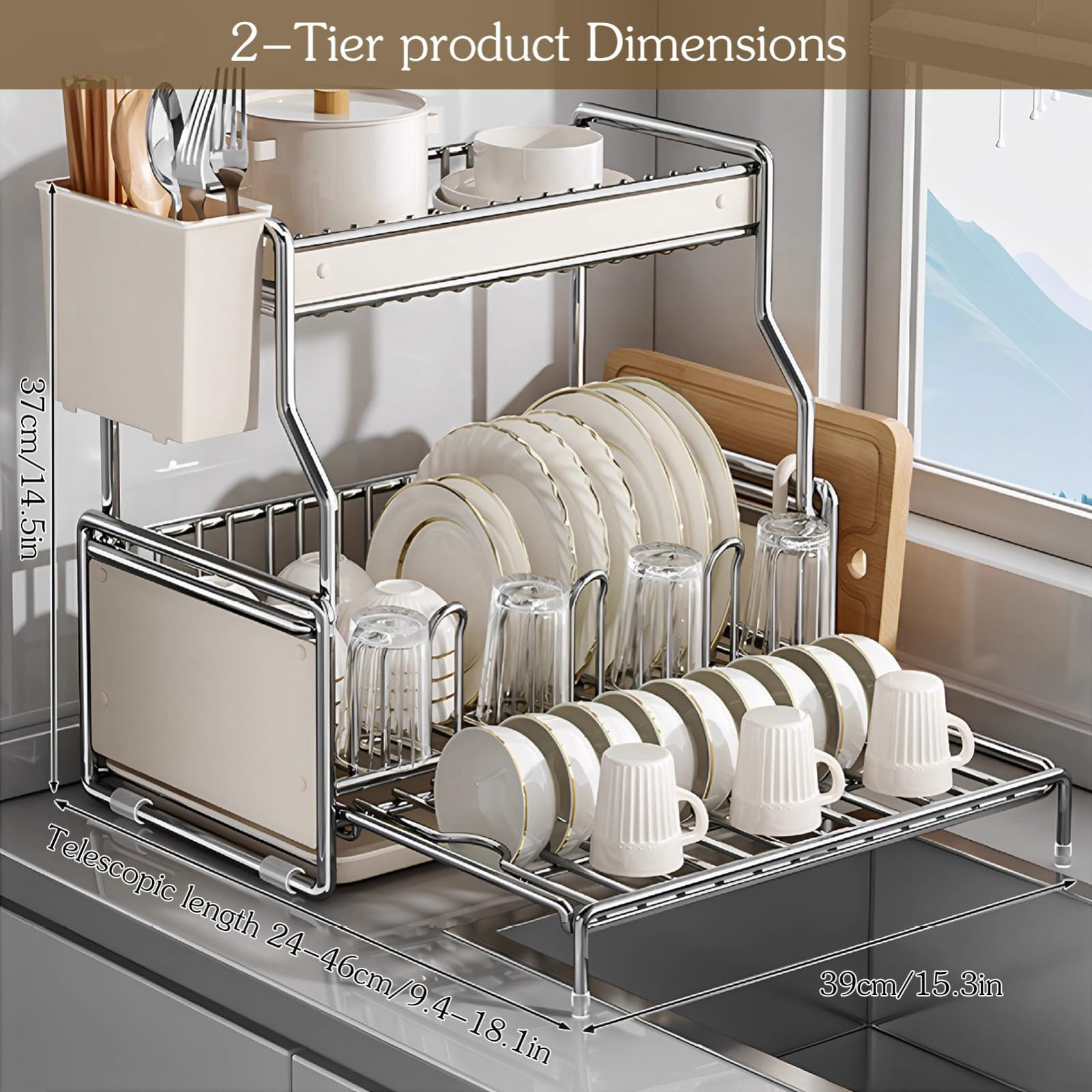 Escurridor de Platos 2 Niveles para encimera Cocina,escurridor Inferior expandible Gran Capacidad con escurridor/Utensilios,Plato Drenaje Desmontable Acero al Carbono(2 B)