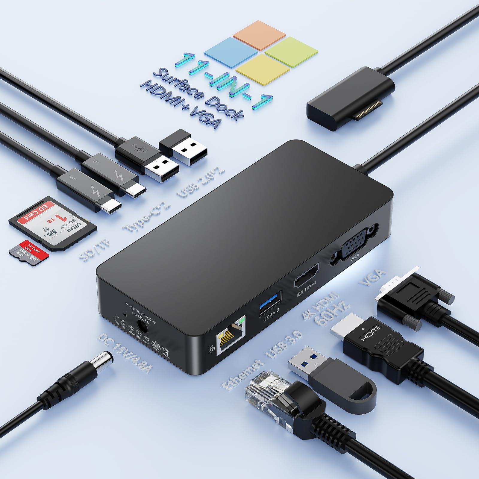 Surface Dock 11 in 1 Surface Docking Station Hub Doppio Display 4K HDMI+VGA per Surface Pro 11/10/9/8/X/7/6/5/4/3, Surface Laptop 7/6/5/4/3/2/1, Surface Laptop Go 3/2/1, Surface Book