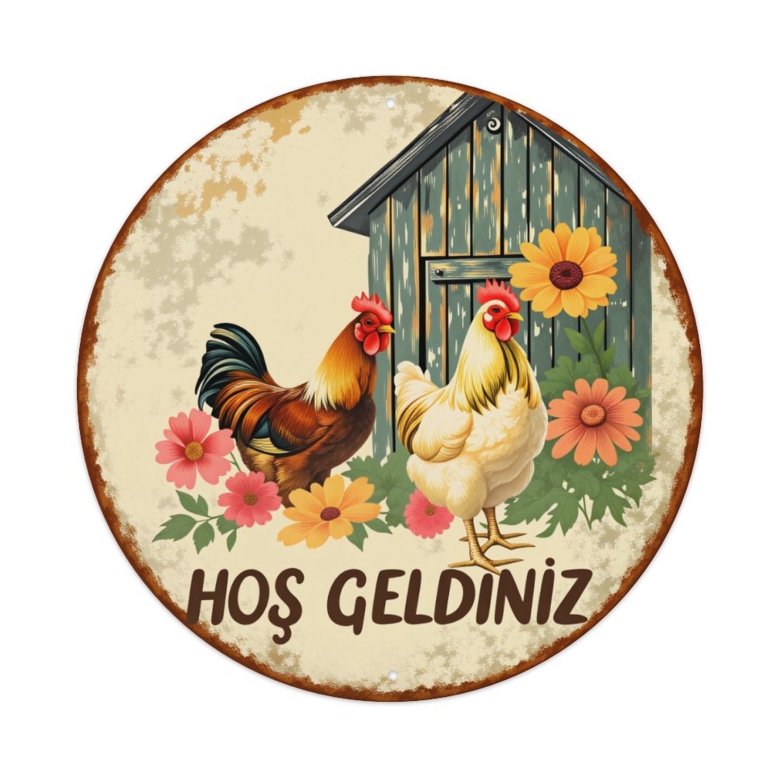 Chicken Barn Flowers Welcome Sign Round Tin Sign Vintage Metal Poster Retro Bar, Home, Man Cave, Kitchen, Laundry Room Wall Art Decor Gift 8x8Inch