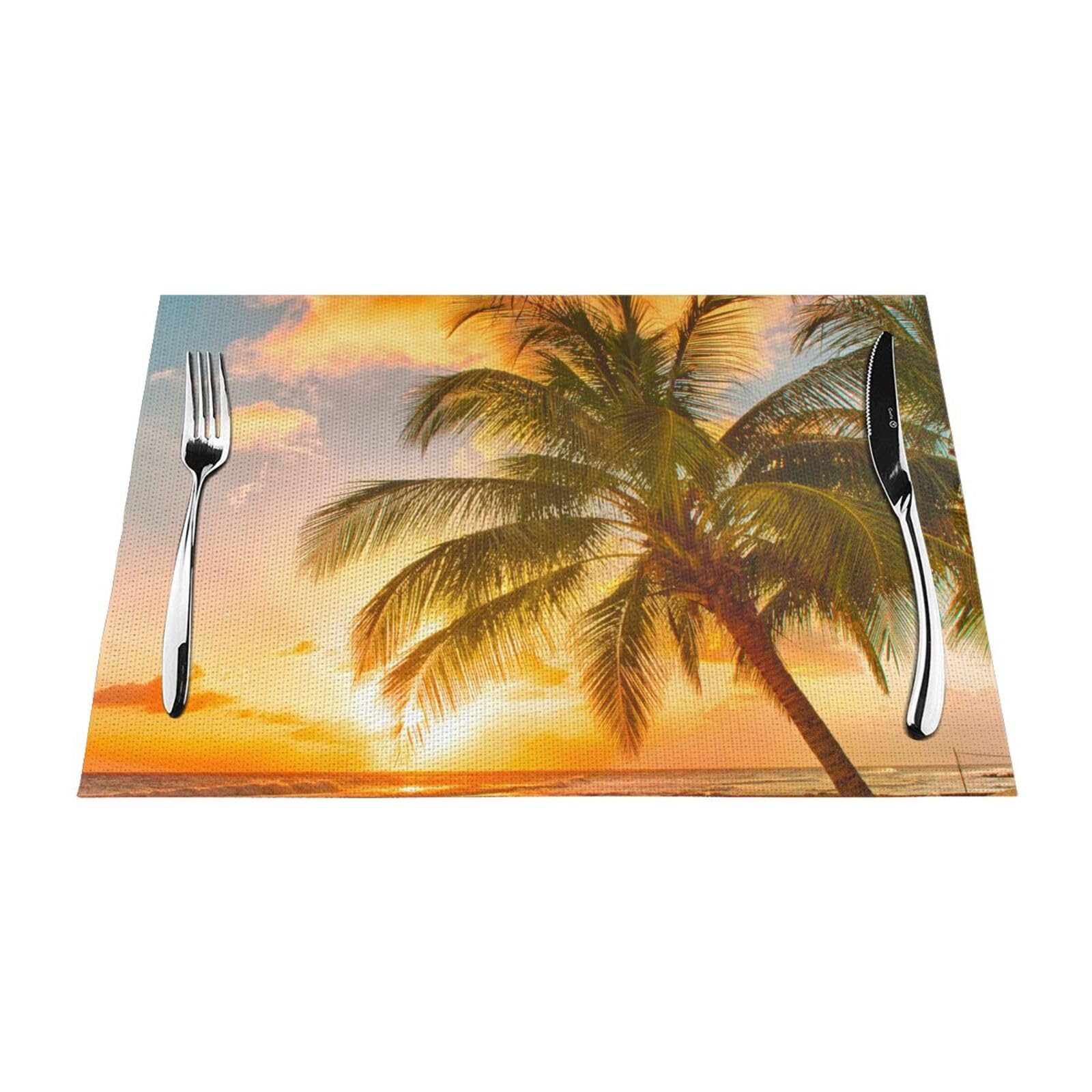 PVC Placemat Set of 6 PCS, 45x30 CM, Tropical Beach Palm Tree Sunset Printed Non-Slip Heat Resistant Place Mats for Kitchen Dining Table Indoor Outdoor
