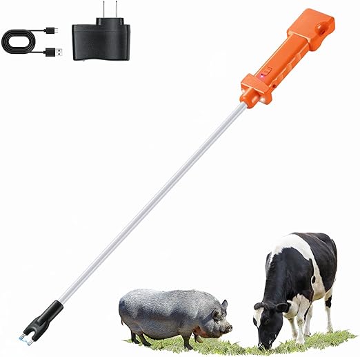 Rechargeable Cattle Prod, Waterproof Electric Livestock Prod with 2 LED Lights, Rechargeable Animal Prod for Farm Ranch Herding and Big Large Dogs, Livestock Shock Stick with Flexible Shaft