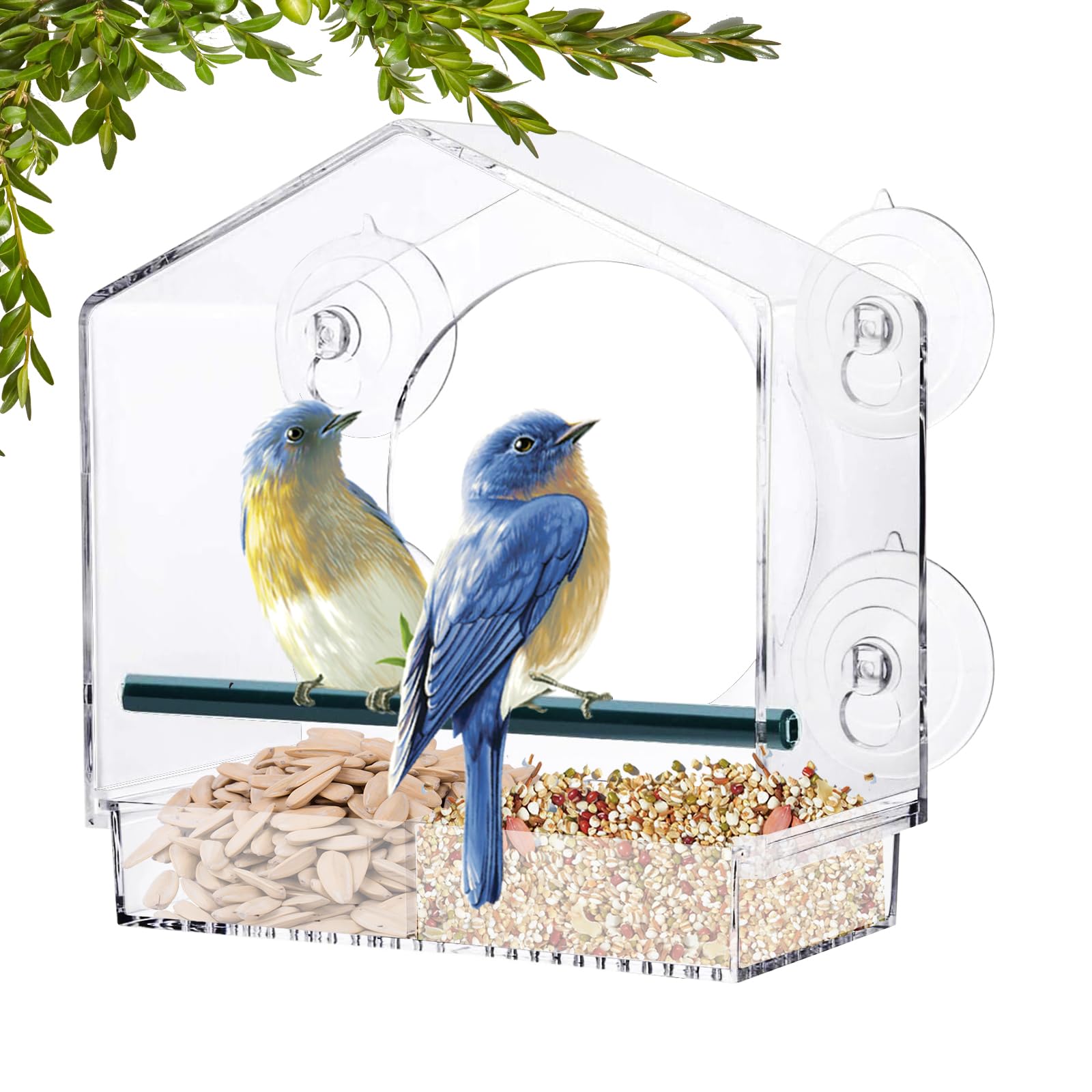 Keaistar Comedero para pájaros para ventana, transparente, para pájaros con ventosas, 21 x 20 x 10 cm, percha de acrílico, para pájaros silvestres