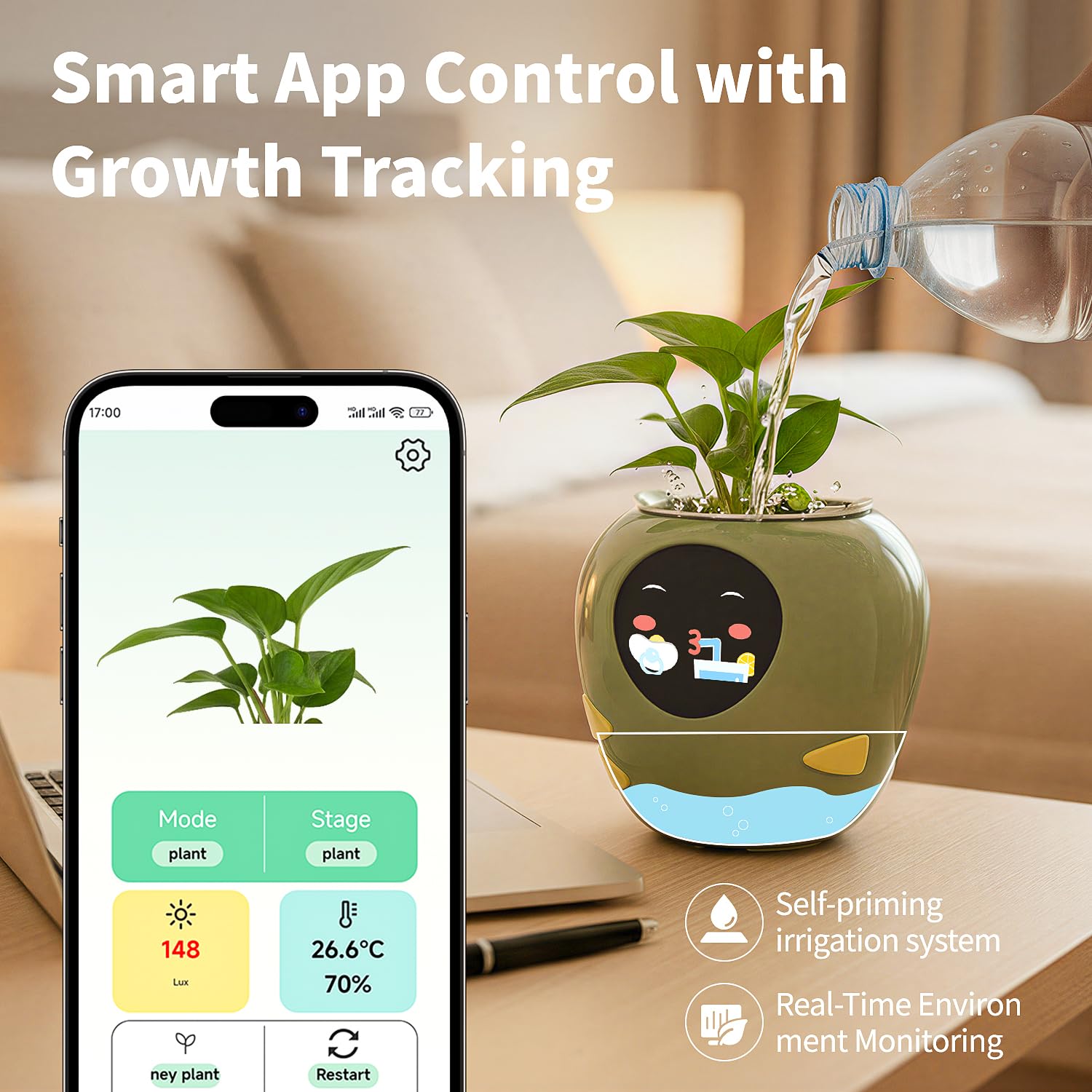 Plantbot Robot de Macetas Inteligente Mejorado Grande con Inteligencia Artificial, Pantalla de Tiempo y Temperatura, y Numerosas Animaciones Expresivas, para Decoración Interior, Regalos (Verde)