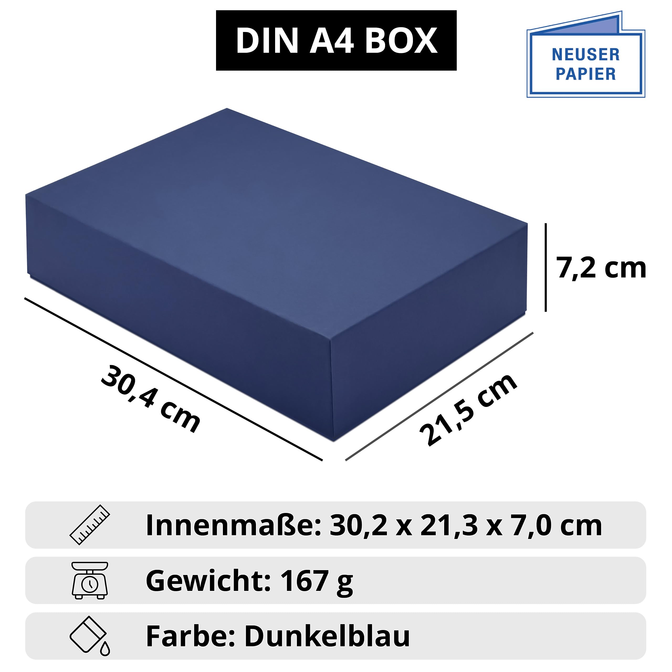 Cajas de almacenamiento y regalo - 1 unidad - DIN A4 - Azul oscuro (azul) forrado - 302 x 213 x 70 mm