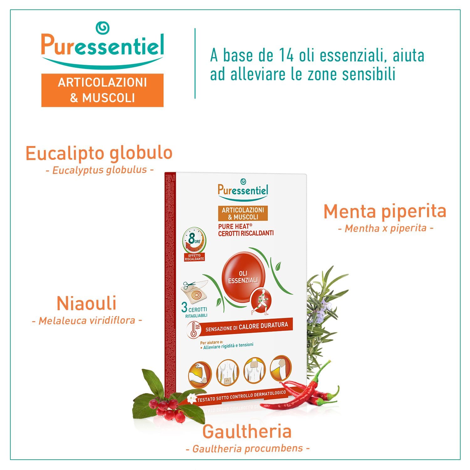 Puressentiel – Articolazioni e Muscoli Cerotti riscaldanti – Con 14 oli essenziali e Capsico – Effetto riscaldante per 8 ore – Aiutano ad alleviare rigidità e tensioni muscolari – 3 cerotti