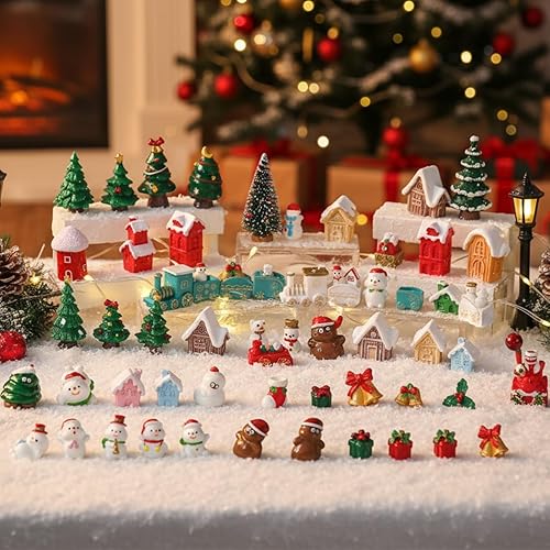 Miniatura 3 de 58 piezas de mini figuras de Navidad diminutas figuras de resina de Papá Noel, muñeco de nieve, árbol de Navidad, copo de nieve, casa de hadas,