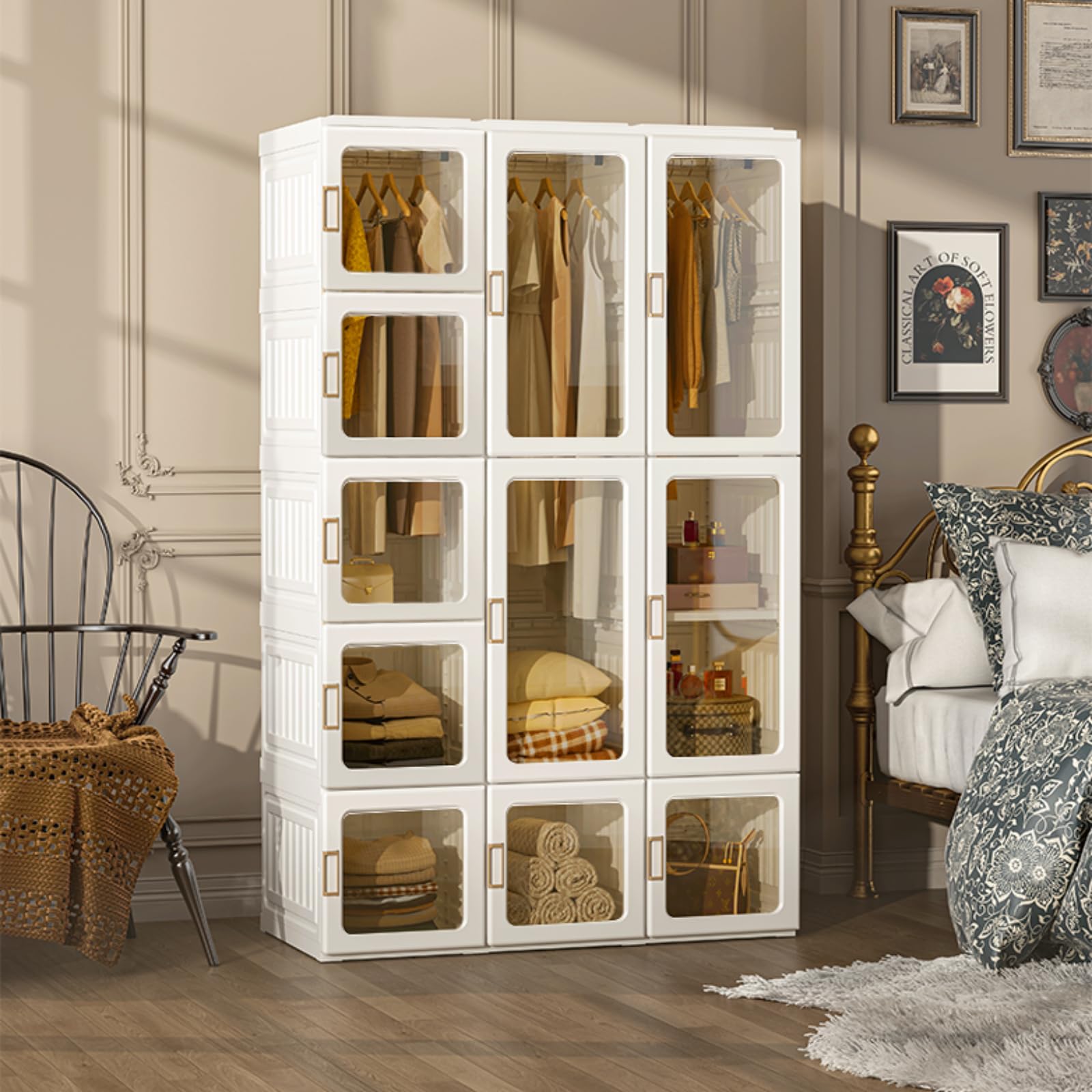 Zusammenklappbarer Kleiderschrank,104x170x50cm, schnelle Montage, vielseitiger Schrank mit Kleiderstange und Magnettüren, perfekt für Schlaf&Wohnzimmer, Braune transparente Türplatte