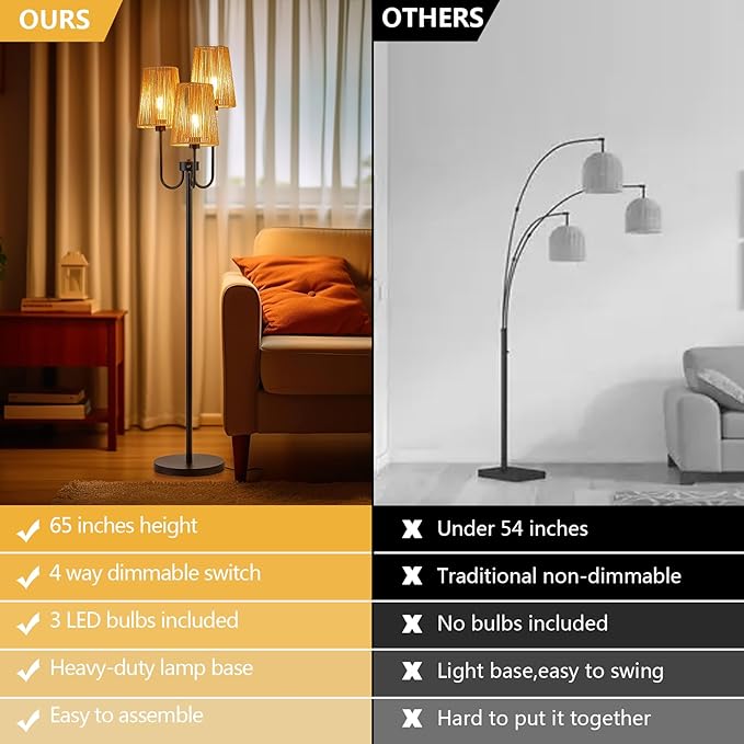 RORIANO RORIANO Boho Floor Lamp for Living Room, 3-Light Rotary Switch Farmhouse Standing Bedroom Lamp with Rattan Shade, Tall Floor Lamps for Rustic, Coastal, Beach or Bohemian Decor, 3 LED Bulbs Included photo 2
