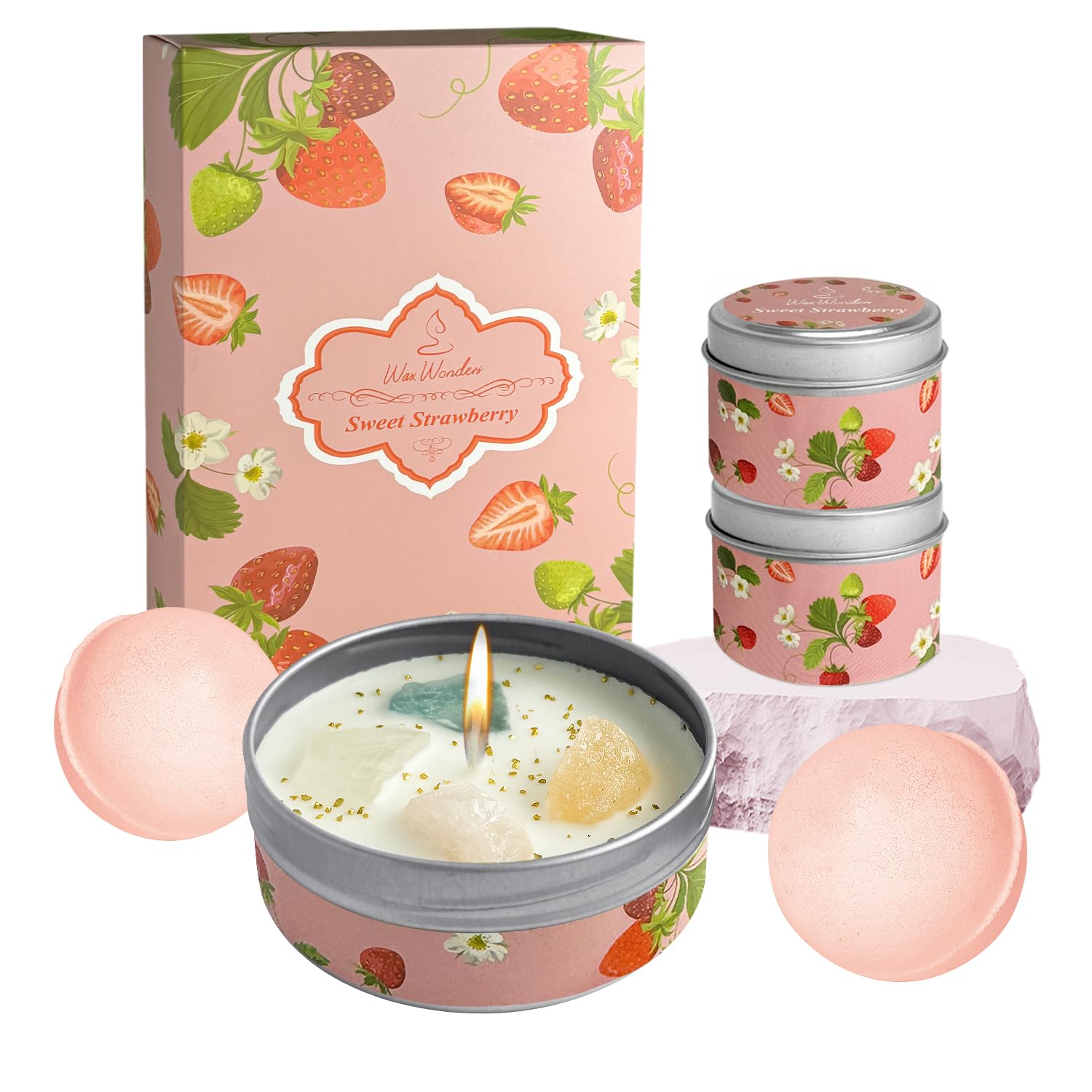 Wax Wonders Candles for Home Scented & 2 Bath Bombs Set - 7.05OZ Aromatherapy Candles Gifts for Women,Soy Wax,Bubble Spa,Ideal for Valentine, Birthday, Mother's Day, Thanksgiving, Christmas Gifts