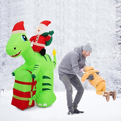 Vista 27 de Tangkula Dinosaurio inflable de Navidad de 6.8 pies, decoración inflable de Navidad con luces LED, caja de regalo y soplador impermeable, decoración