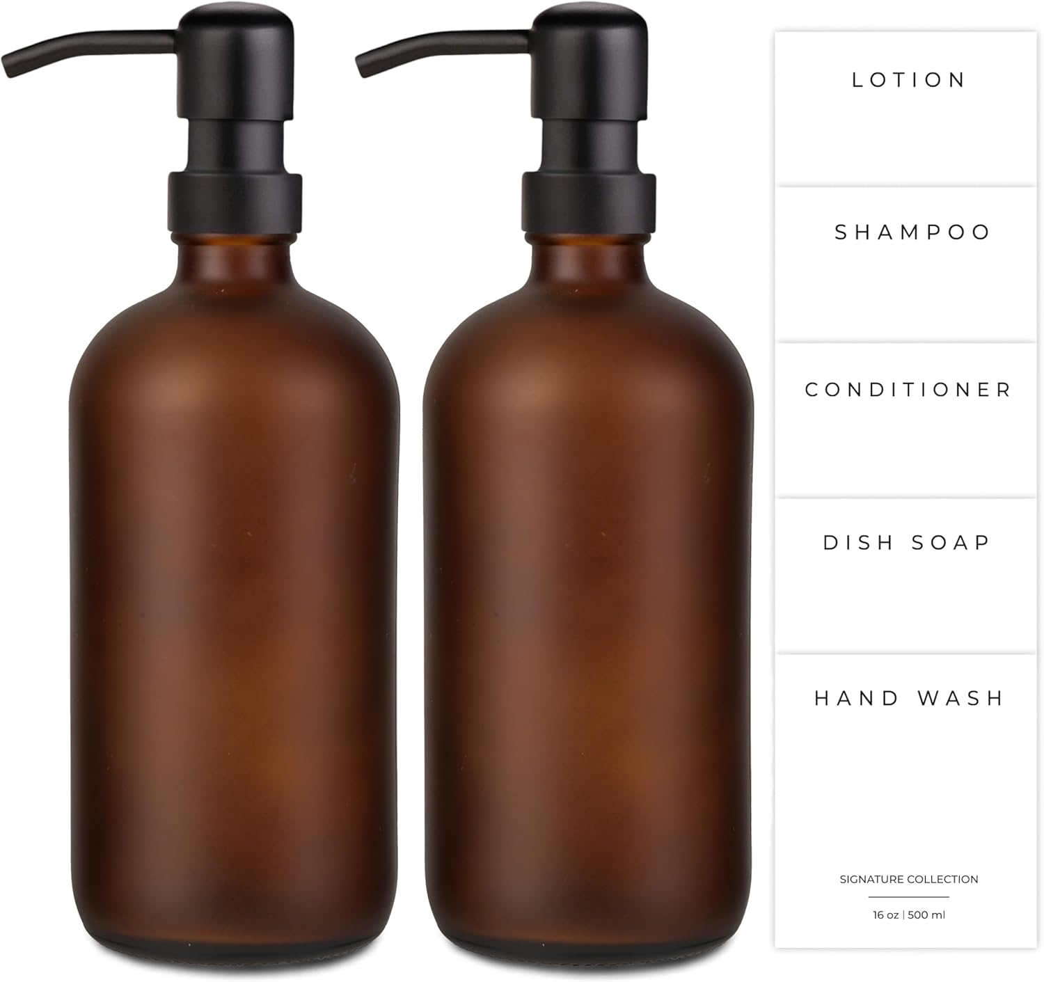 Emerson Essentials Glass Soap Bottle Dispensers, 2 Pack, Stainless-Steel Pumps Rust-Free, Hand Set for Bathroom Kitchen Sink, Liquid Lotion Shampoo Jars with 4 Waterproof Labels, 16 Oz Amber/Black
