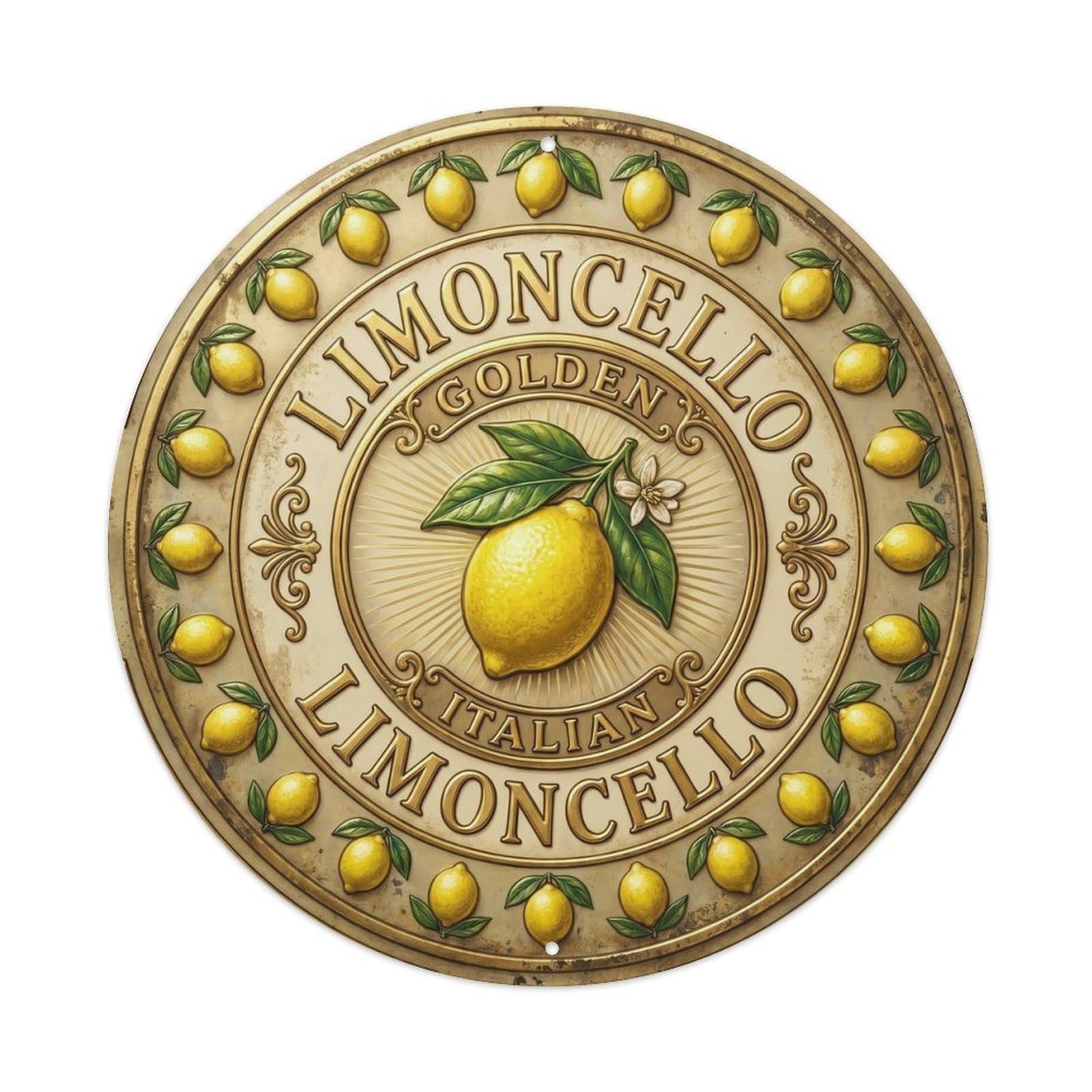 Golden Italian Limoncello Sign Metal Tin Sign Plaque Wall Decor for Cafe, Club, Garden Round Metal Poster 8x8Inch