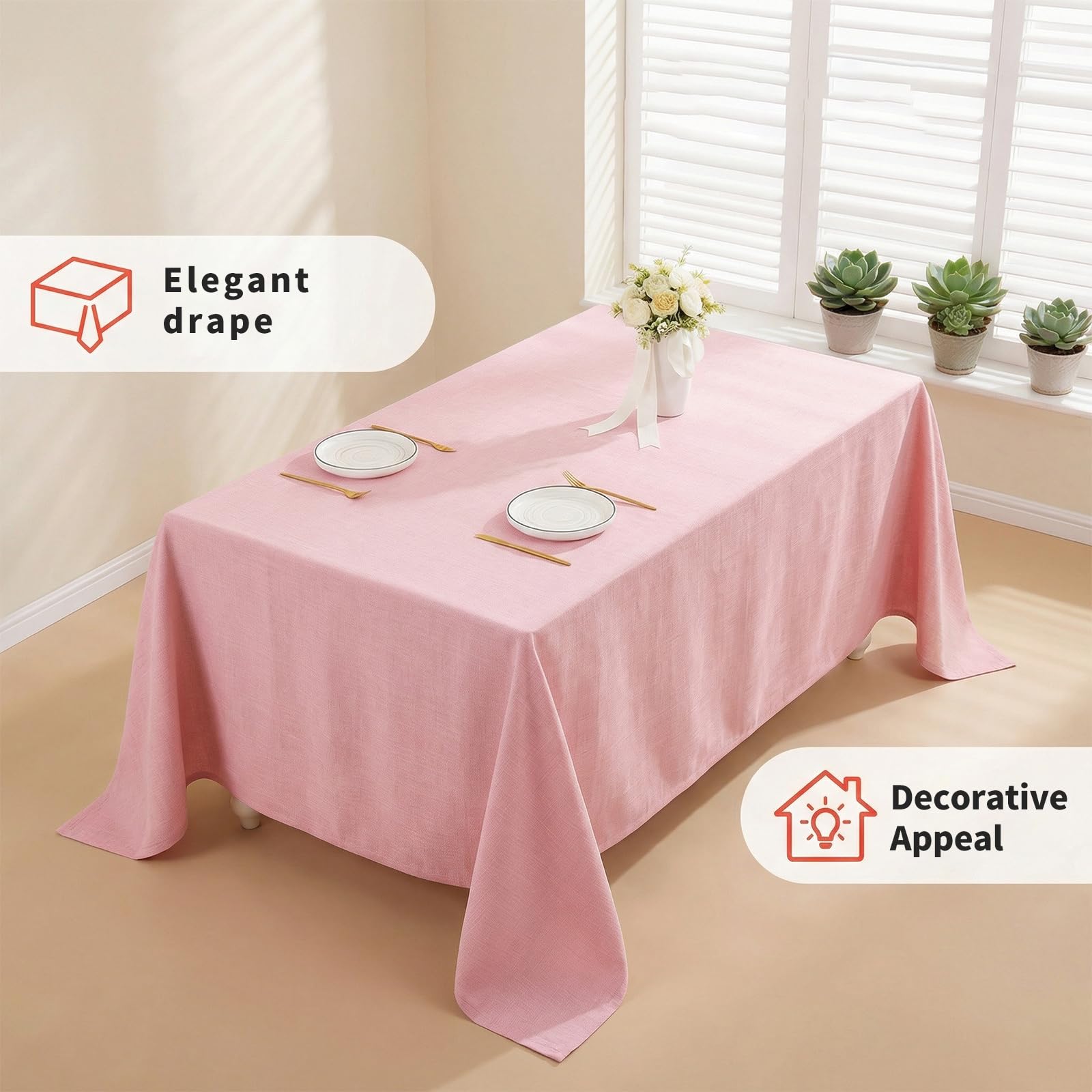 Nappe rectangulaire impermeable Rose 140 x 240 cm Aspect Lin Tissu | Moderne Nappe Lavable Anti-Tache de Table Restaurant exterieur jardin Noel Fête Anniversaire Mariage Maison