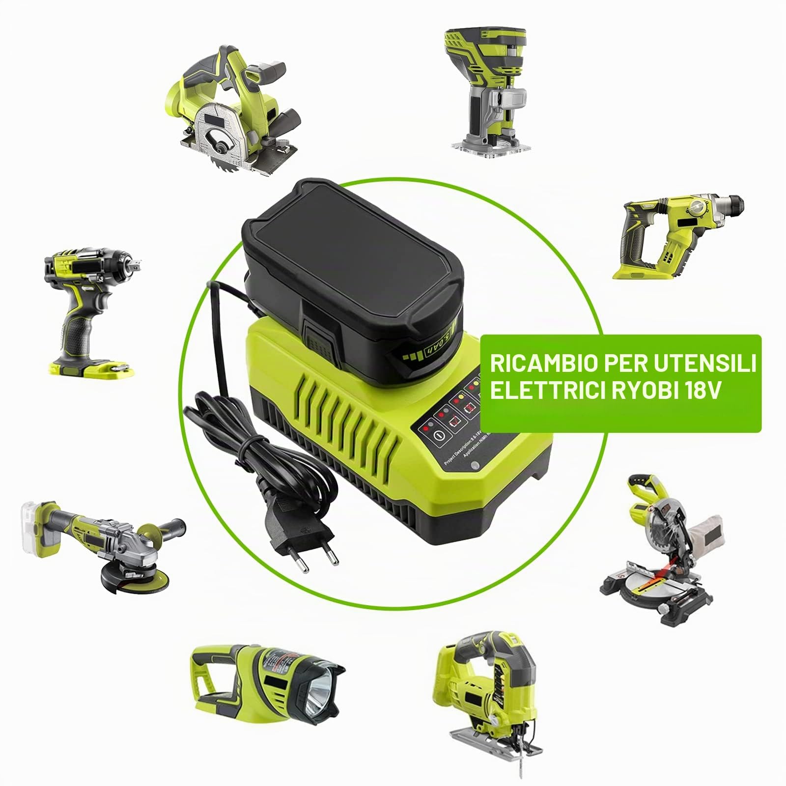 2X P108 di ricambio per Ryobi batteria 18V + 9,6V-18V 3A per Ryobi caricabatterie BCL14181H agli ioni di litio e batteria NI-MH per P106 P107 P105 P108 P100 P102 con LED