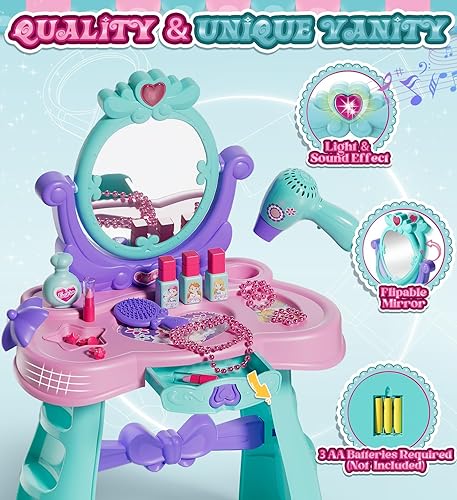 Miniatura 2 de Lehoo Castle Juego de mesa y silla de tocador para niños con espejo, luz, música, mesa de maquillaje para niñas con taburete y secador de pelo