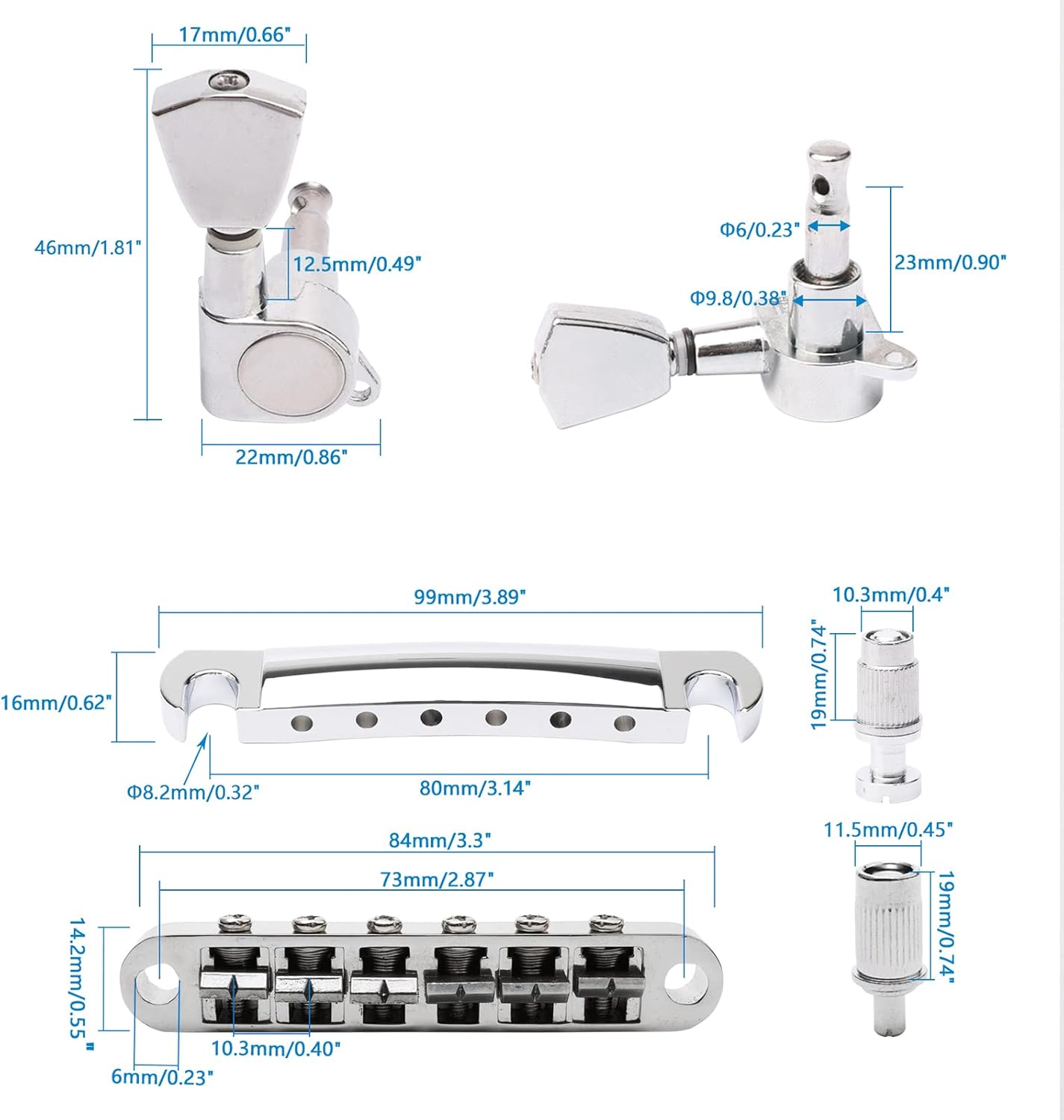 Swhmc Tune-O-Matic Bridge and Tailpiece Studs Set for LP Electric Guitar Replacement Parts, with 3L3R Guitar Locking Tuners Tuning Pegs Keys (Silver)