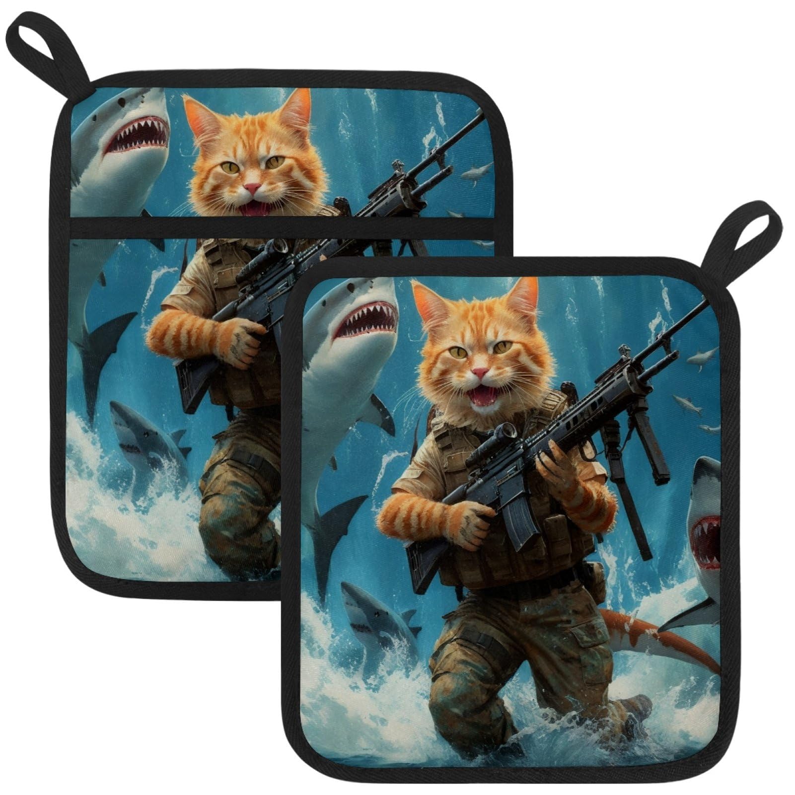 VAPOKF Cat Shark Pot Holders with Pocket for Kitchen Heat Resistant Potholders Large Polyester-Cotton Square Oven Mitts Set