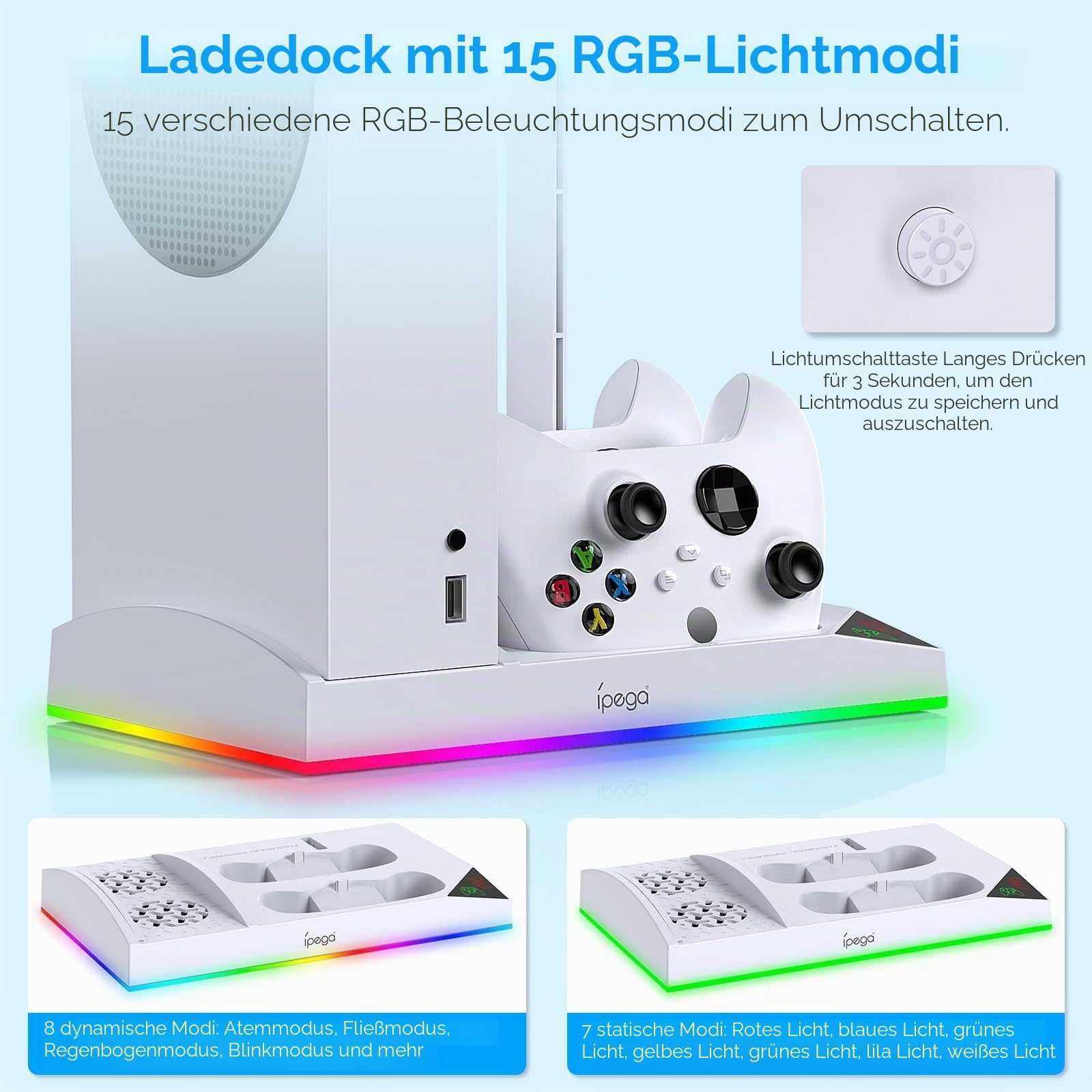 Upgraded RGB Kühlung Lüfter Ladestation für Xbox Serie S Konsole & Controller, Duale Ladestation Cooler System Stand mit 15 bunten Lichtmodi Zubehör mit 2 * 1400mAH wiederaufladbarem Akku, weiß