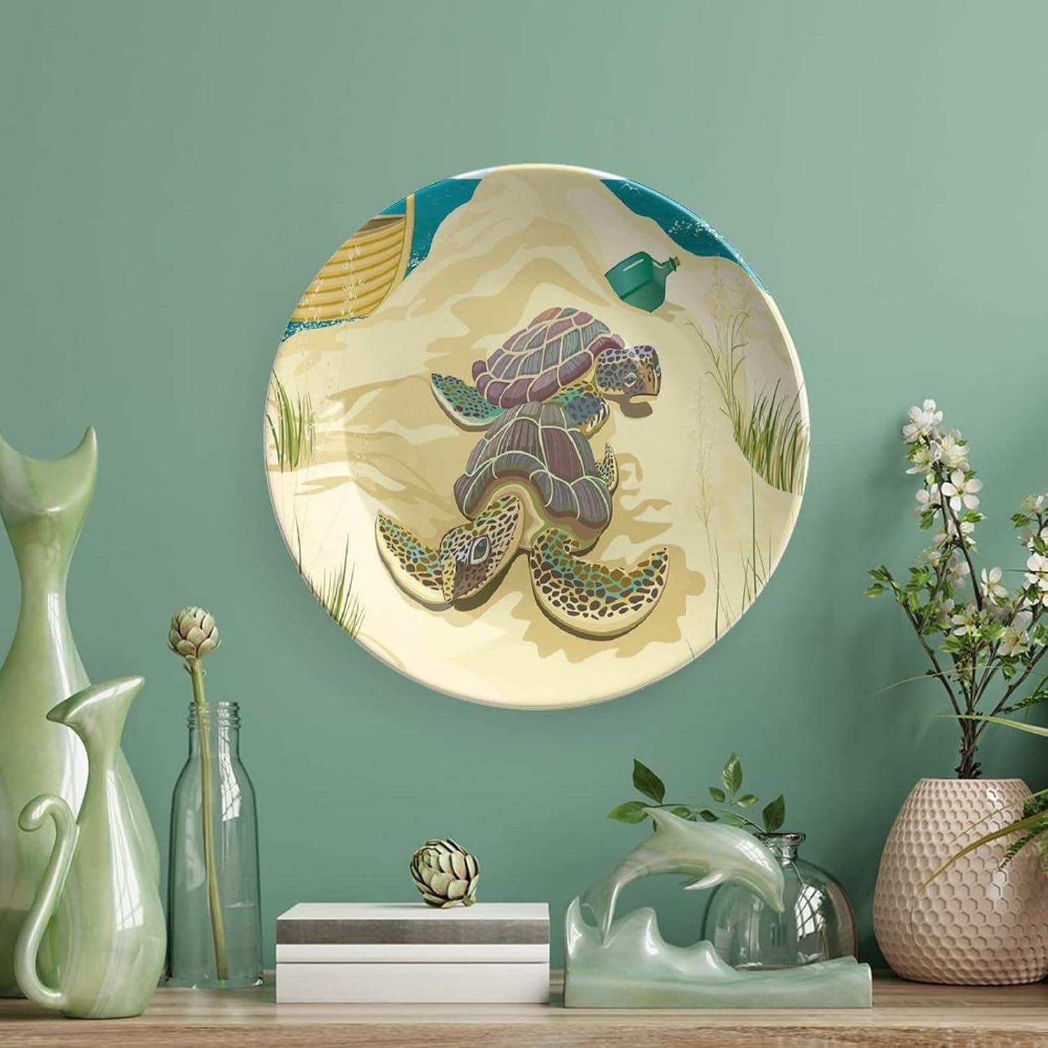 XISUNYA 6 Inch Decorative Plate, Turtle Tableware Plate, Two Sea Turtles on Sandy Summer Beach Print Ceramic Wall Hanging Decor Accessory for Dining Table Tabletop Home Decor, Light Yellow Green Teal