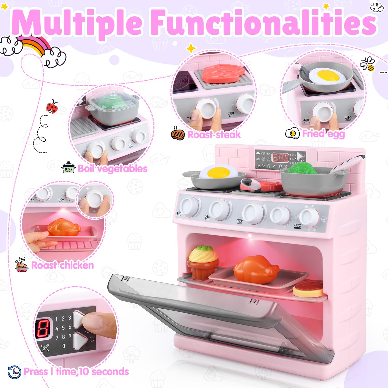 Horno de juguete para niños, juego de cocina para niños con 11 accesorios, sonidos y luces de cocina realistas, horno de juego de simulación, juego de regalo de cocina para niñas y niños a partir 5