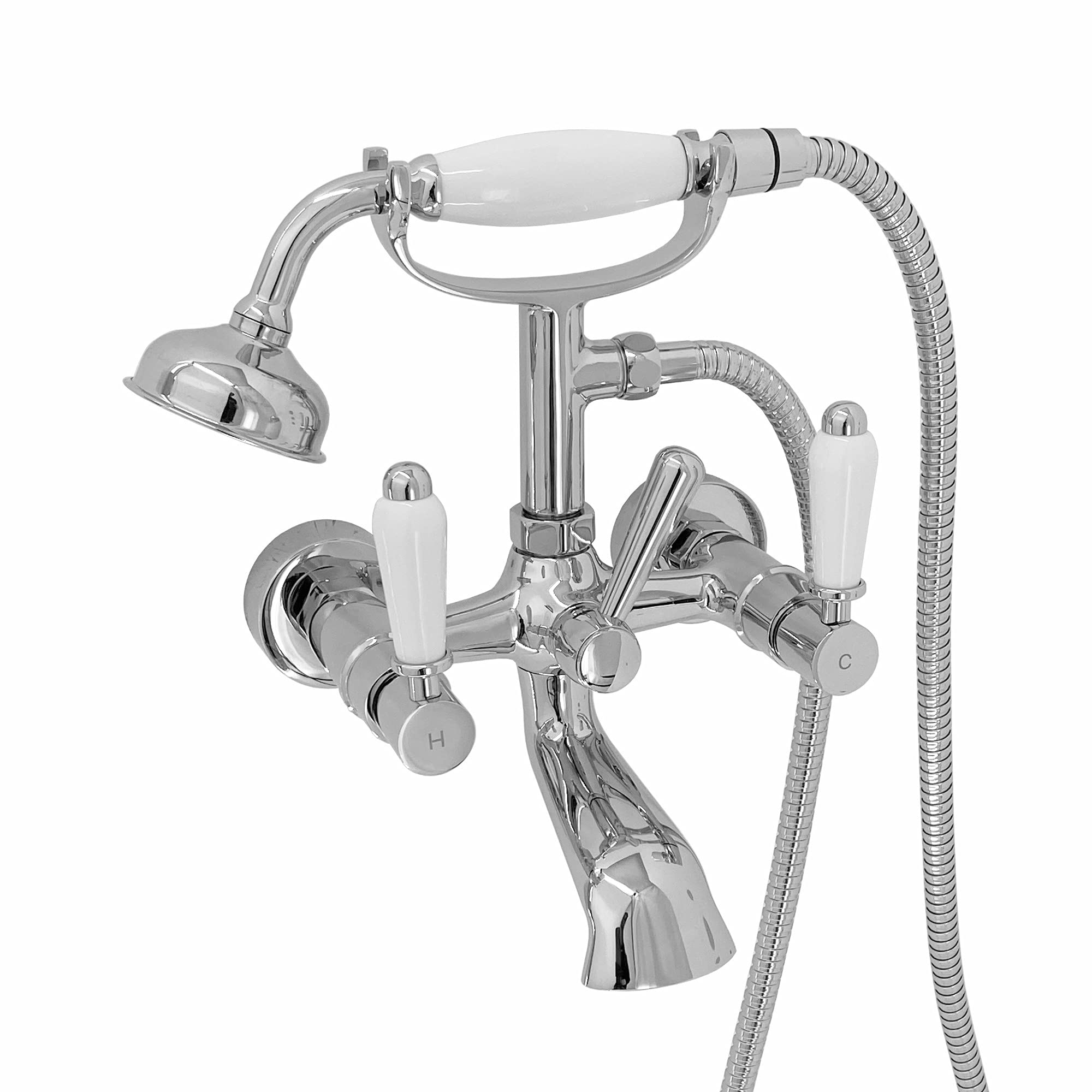 ENKI, Downton, BT0510 Wall Mounted Bath Shower Mixer Tap with White Ceramic Levers Chrome
