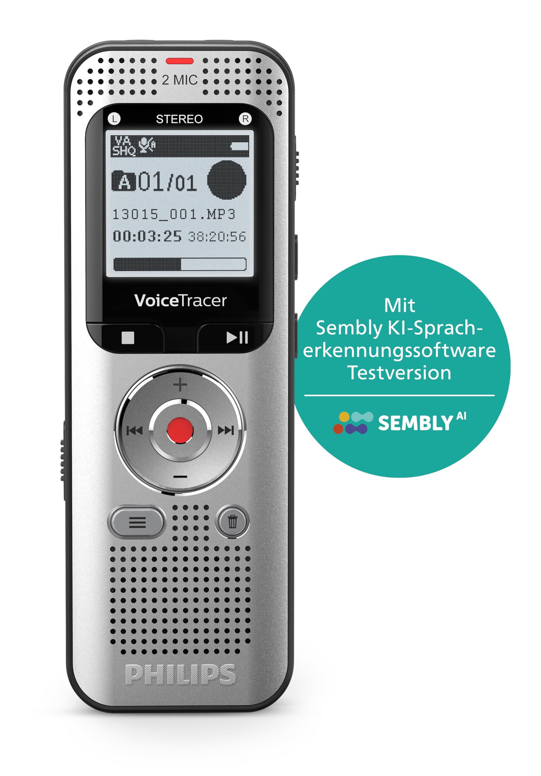 Philips DVT2015 VoiceTracer, Diktiergerät, Aufnahmegerät, MP3, HiFi Stereo, inkl. Sembly AI-Testlizenz: Transkription & KI-Zusammenfassungen