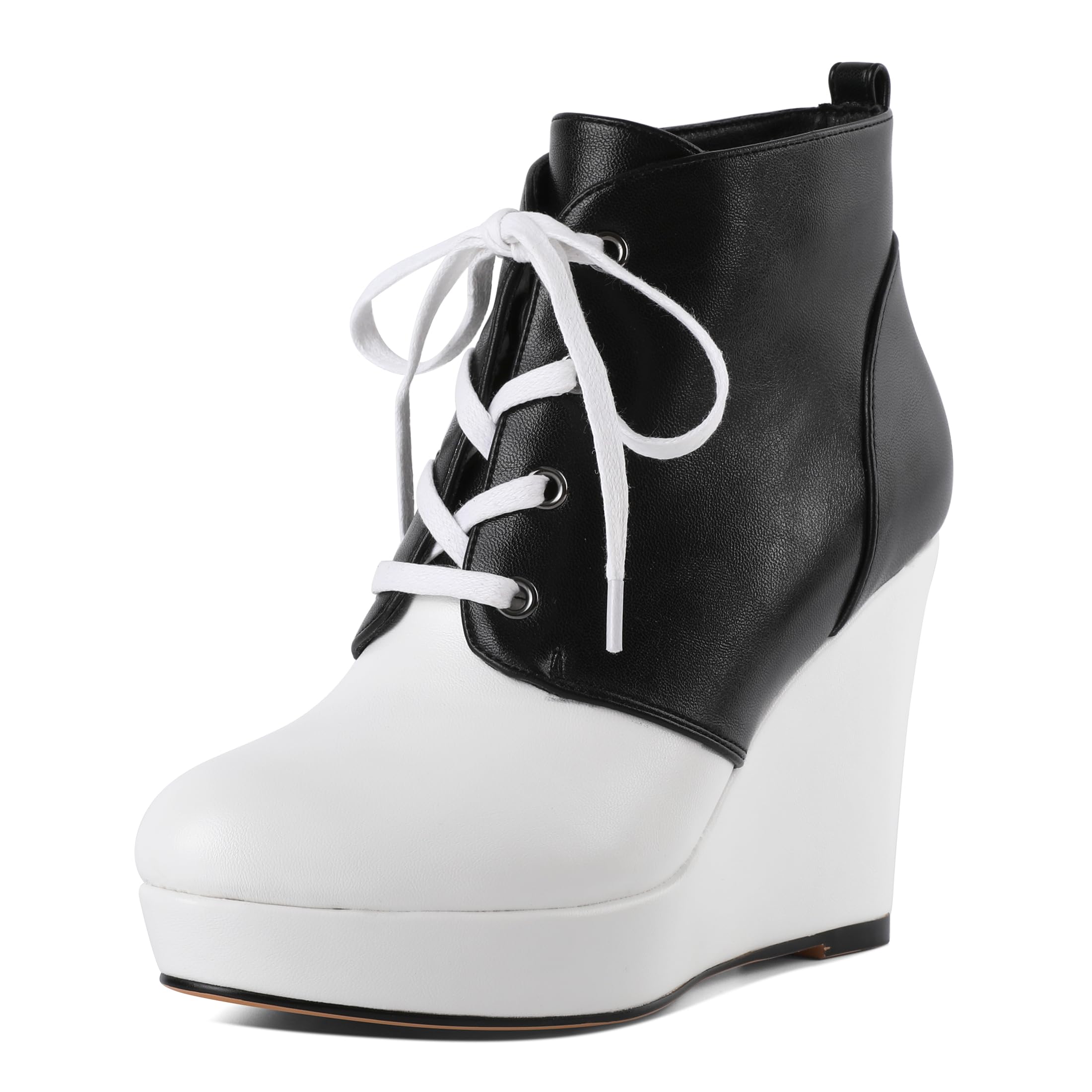 Joseywade Wedge Heels Ankle Boots for Women Platform Boots Round Toe Short Booties Lace-up 4 Inch