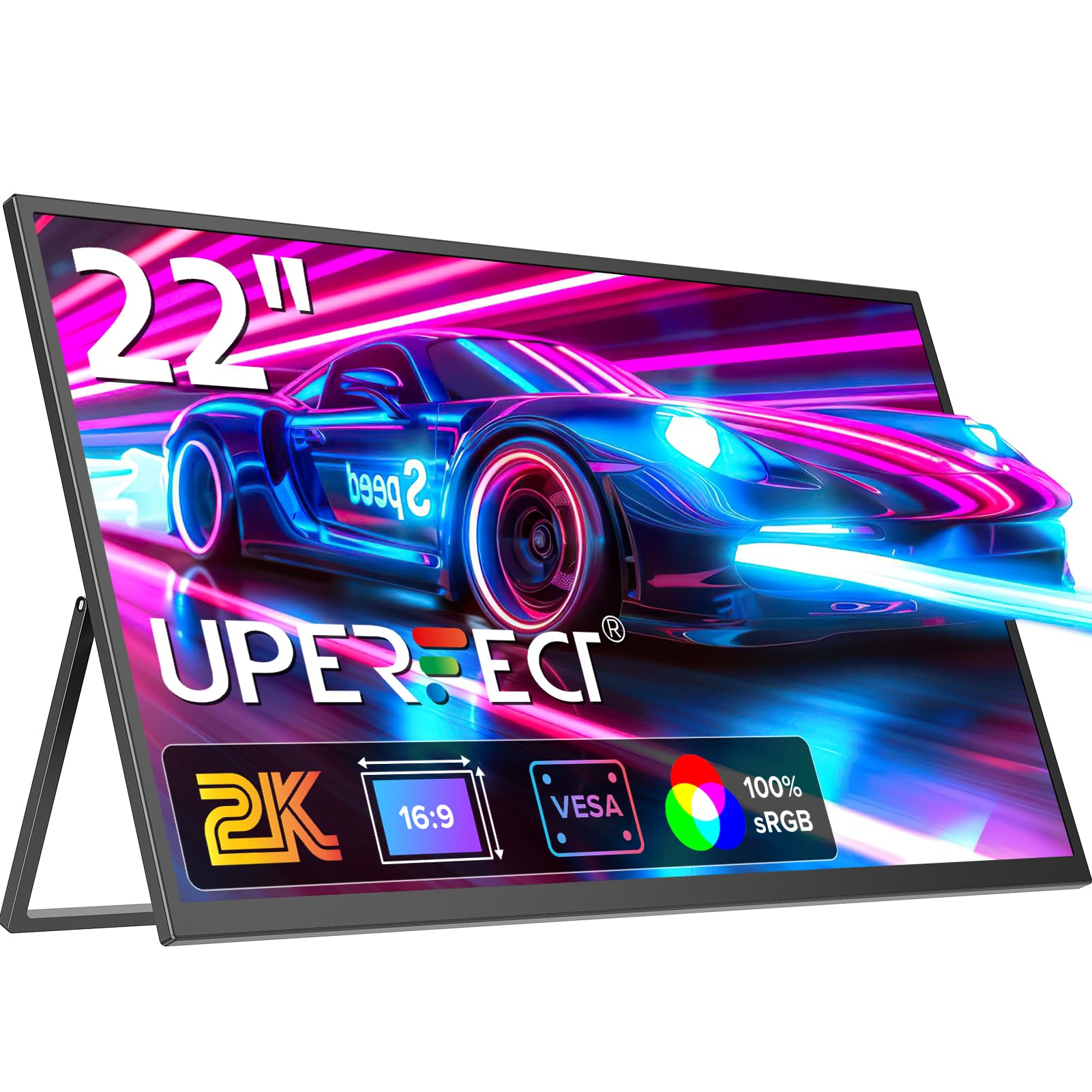 UPERFECT 22 Pollici 2K QLED Monitor Portatile, Display Mobile Schermo IPS 2560 * 1440 Staffa Integrata Mini HDMI USB C per PC Laptop Cellulare Xbo Switch PS4/5, Secondo Screen Compatibile VESA