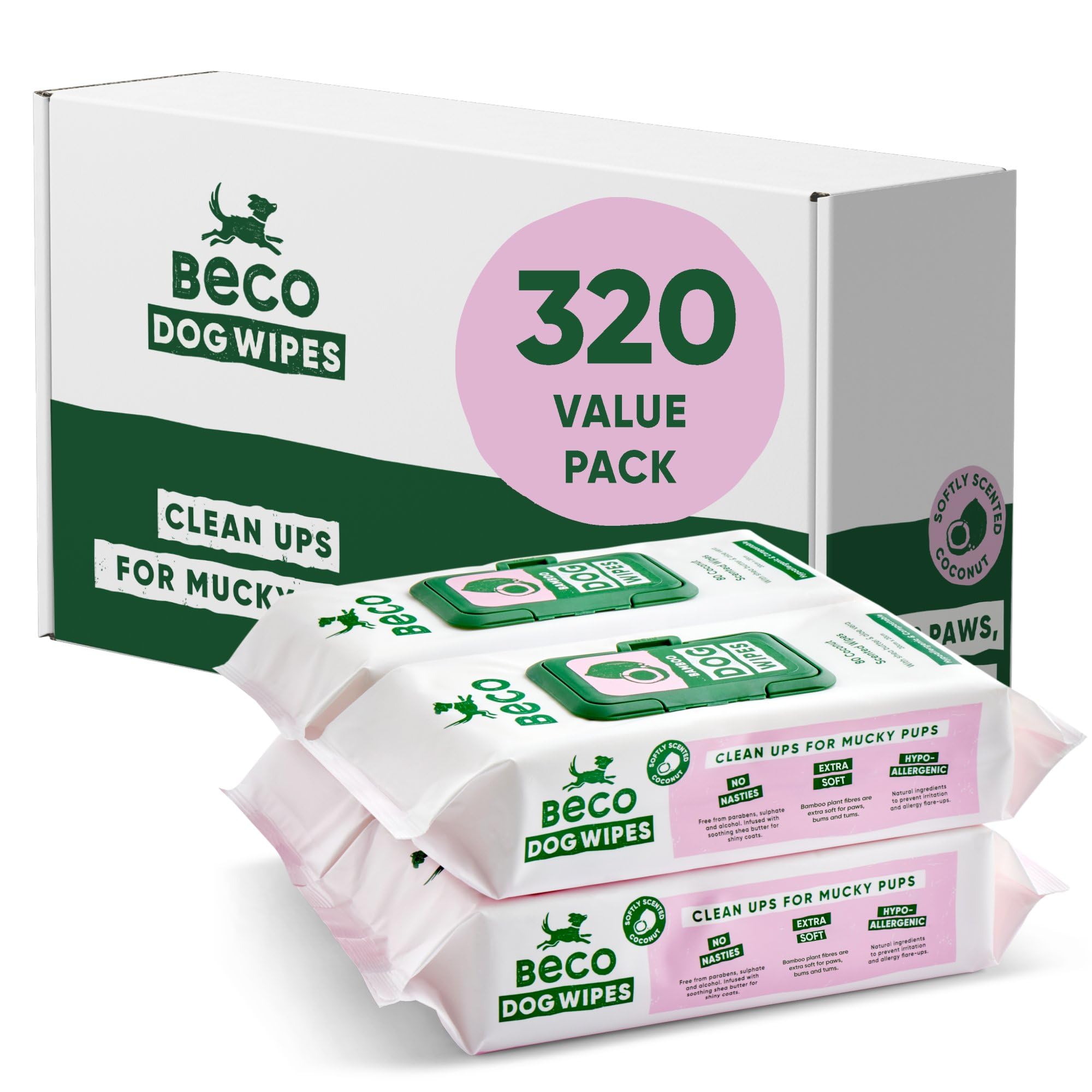 Beco Dog Wipes - 4 Packs of 80, Coconut Scented, For Paws, Body and Bum, Plant-Based Grooming Wipes