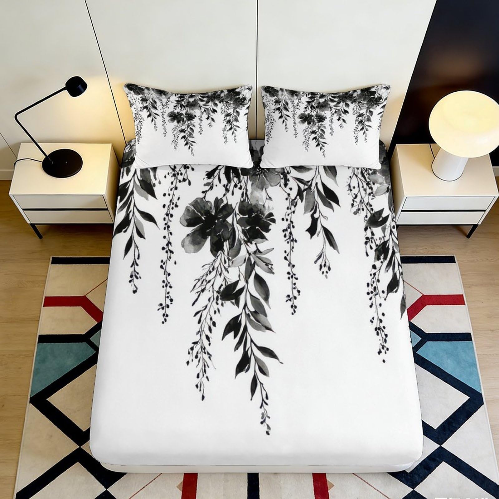 Pnayamiorkfel Style-7 3D Printed Black Floral Fitted Sheet Microfiber Soft Decorative Watercolor Leaf Mattress Cover Bedroom Decor 90X200x25cm
