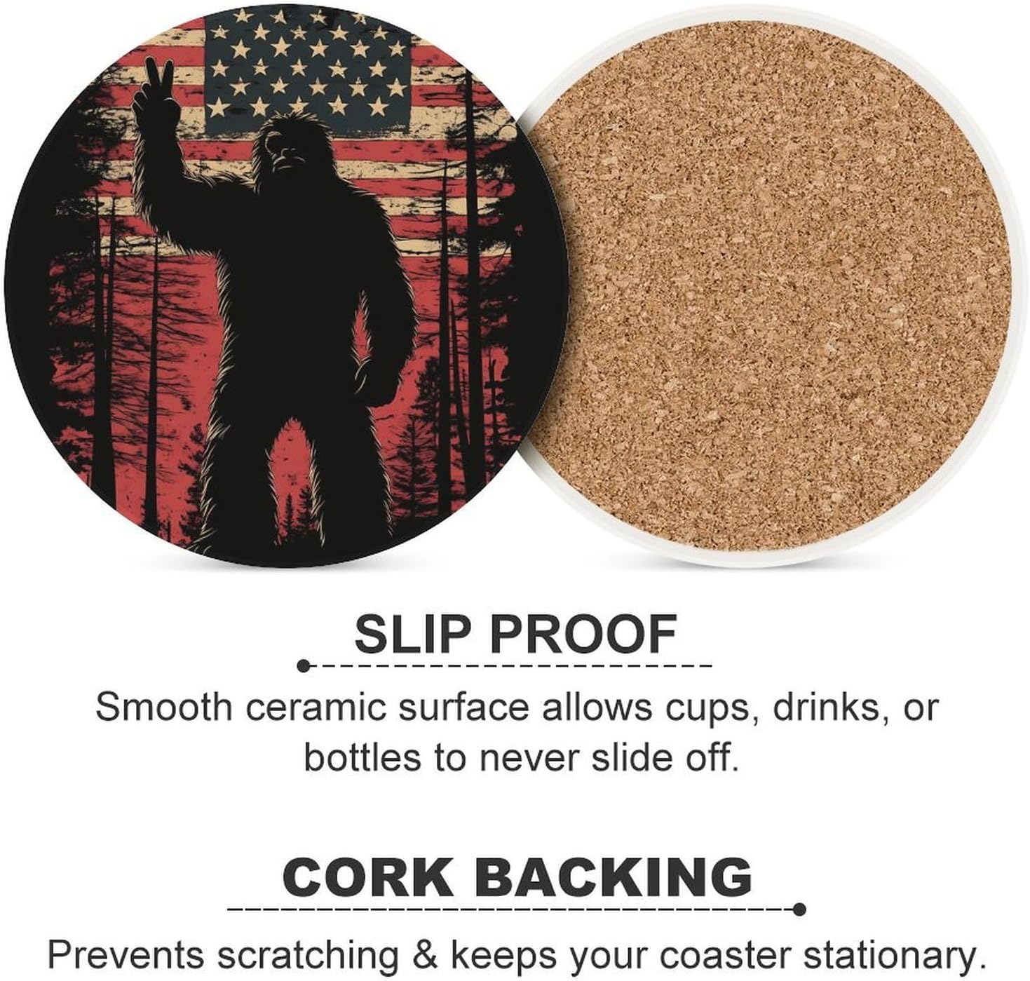 Bigfoot U.S. Flag Round Ceramic Coasters Print Drinks Absorbent with Cork Base for Home Decor Gifts 4 Inch