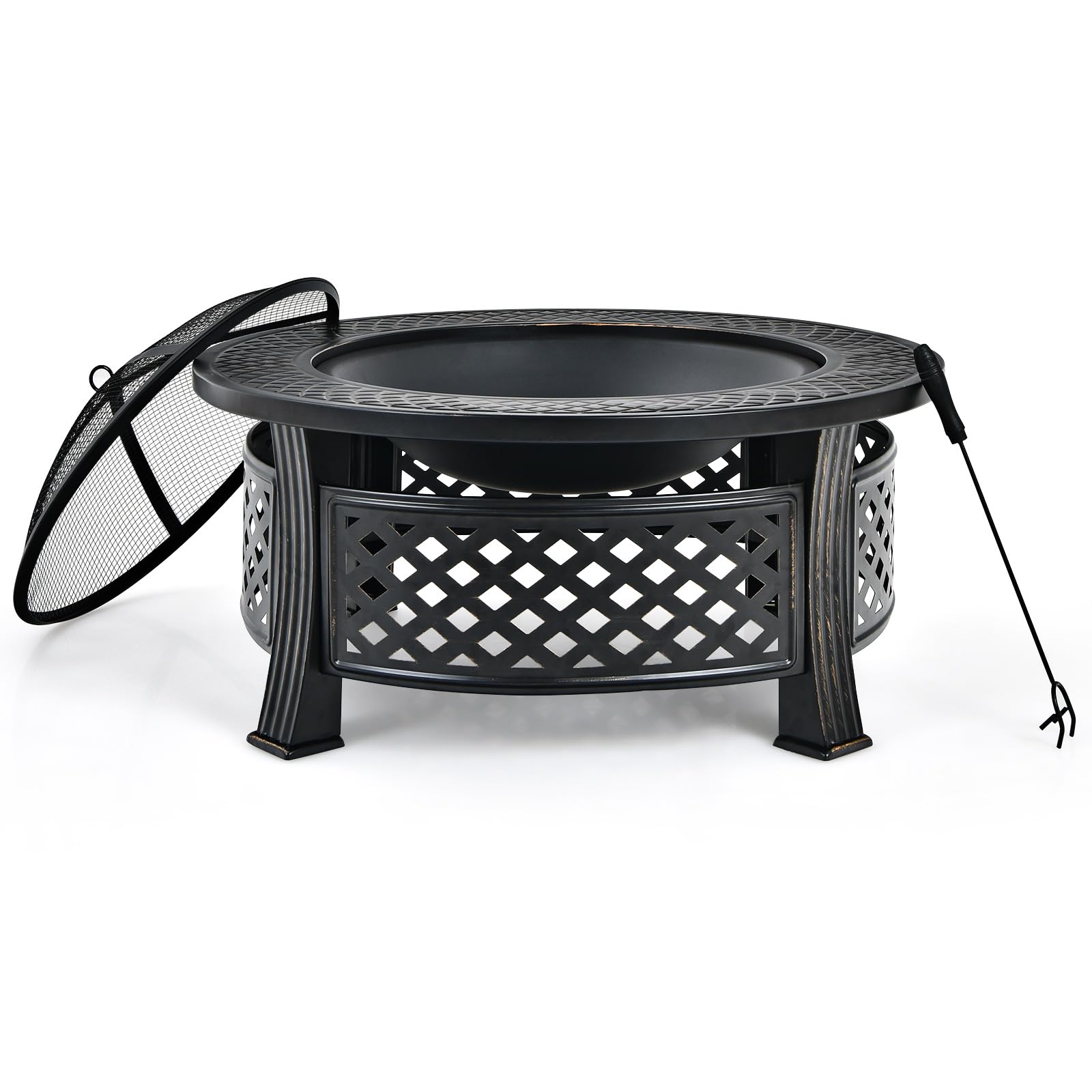 GOPLUS 3-en-1 Braséro Extérieur Jardin Rond, Foyer avec Grille de Barbecue, Pare-étincelles, Grille à Bûches, Poker, Housse Anti-Pluie, pour Extérieur Jardin, Patio, Camping, Pique-Nique,81 x 50 cm