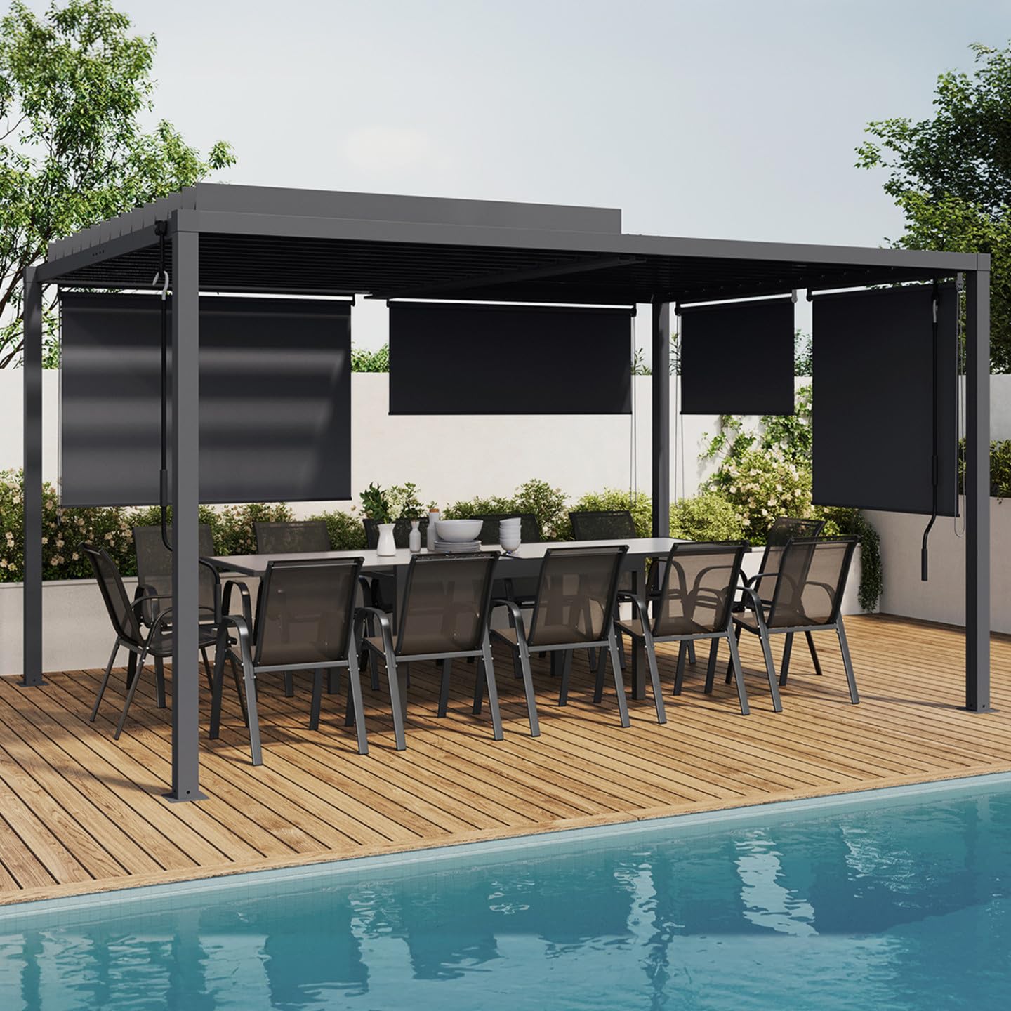 Pérgola bioclimática con lamas orientables de acero de 3x4 m y 4 toldos gris antracita