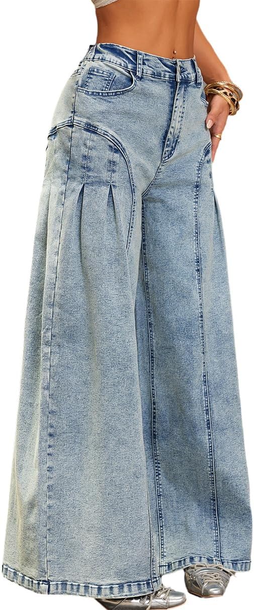 [XUSAI] レディースカジュアルハイウエストワイドレッグジーンズ、トレンドのダメージ加工ルーズフィットスプライスデニムパンツ