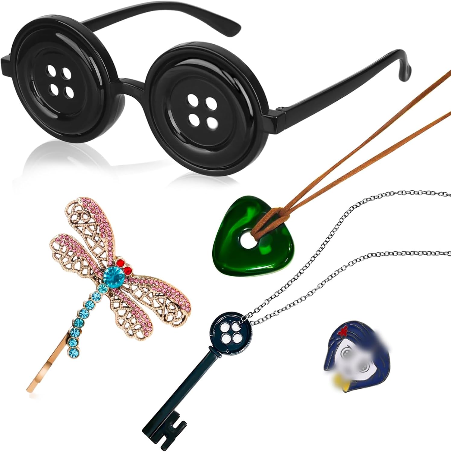 Halloween Cosplay Costume Accessories, for Coraline Movie Prop Glasses, Key Pendant Necklace, Seeing Stone, Necklace, Brooch, Dragonfly Hair Clips, Halloween Christmas Gift for Women Men and Fans