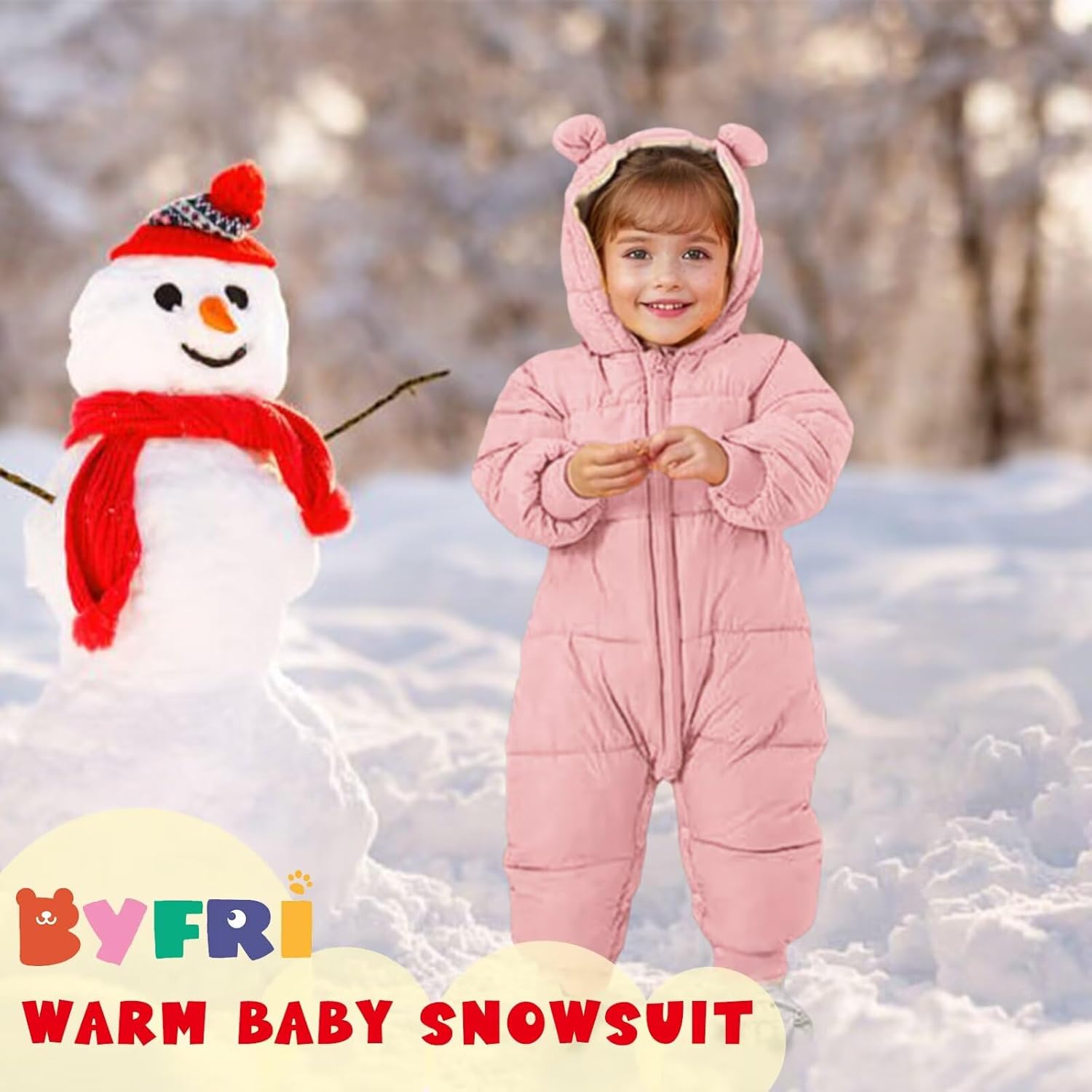 BYFRI Baby Boys Girls Snowsuit Newborn Cozy Winter Coat Infant Bear Hooded Jumpsuit Toddler Snow Outfit for 0-24 Months - Image 2