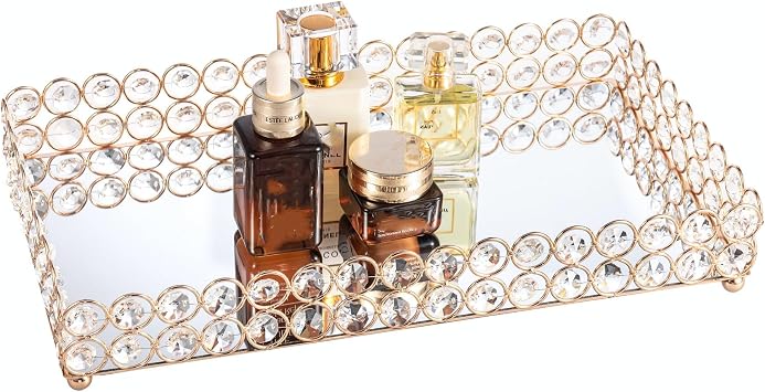 Feyarl Crystal Perfume Fragrance Tray Cosmetic Makeup Vanity Tray Jewelry Trinket Ring Earring Display Organizer Decorative Skin Care Storage for Home Dresser Countertop13.7 x 7.87 inch
