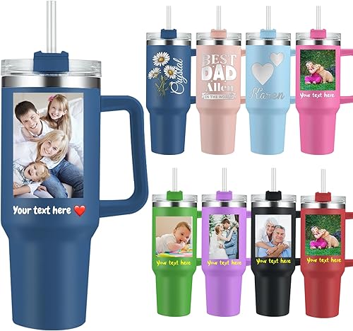 Vaso personalizado con asa de 40 onzas con texto personalizado con tapa con pajilla, vasos aislados de acero inoxidable personalizados, regalo para