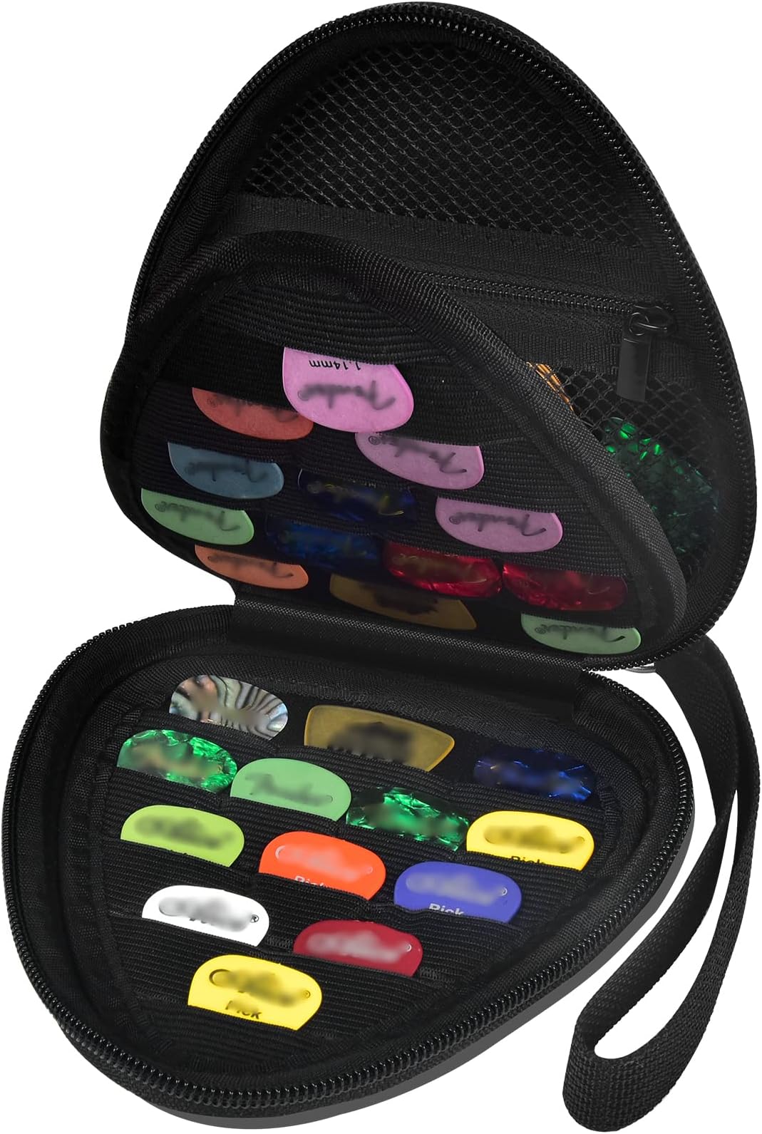 Guitar Picks Holder Case for Acoustic Electric Guitar Holds Over 39 Packs, Variety Pack Bass Picks Storage Pouch Organizer, Guitar Plectrums Bag with Mesh Pocket for Other Accessories (Box Only)