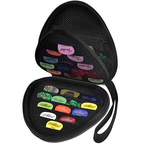 Guitar Picks Holder Case for Acoustic Electric Guitar Holds Over 39 Packs, Variety Pack Bass Picks Storage Pouch Organizer, Guitar Plectrums Bag with Mesh Pocket for Other Accessories (Box Only)
